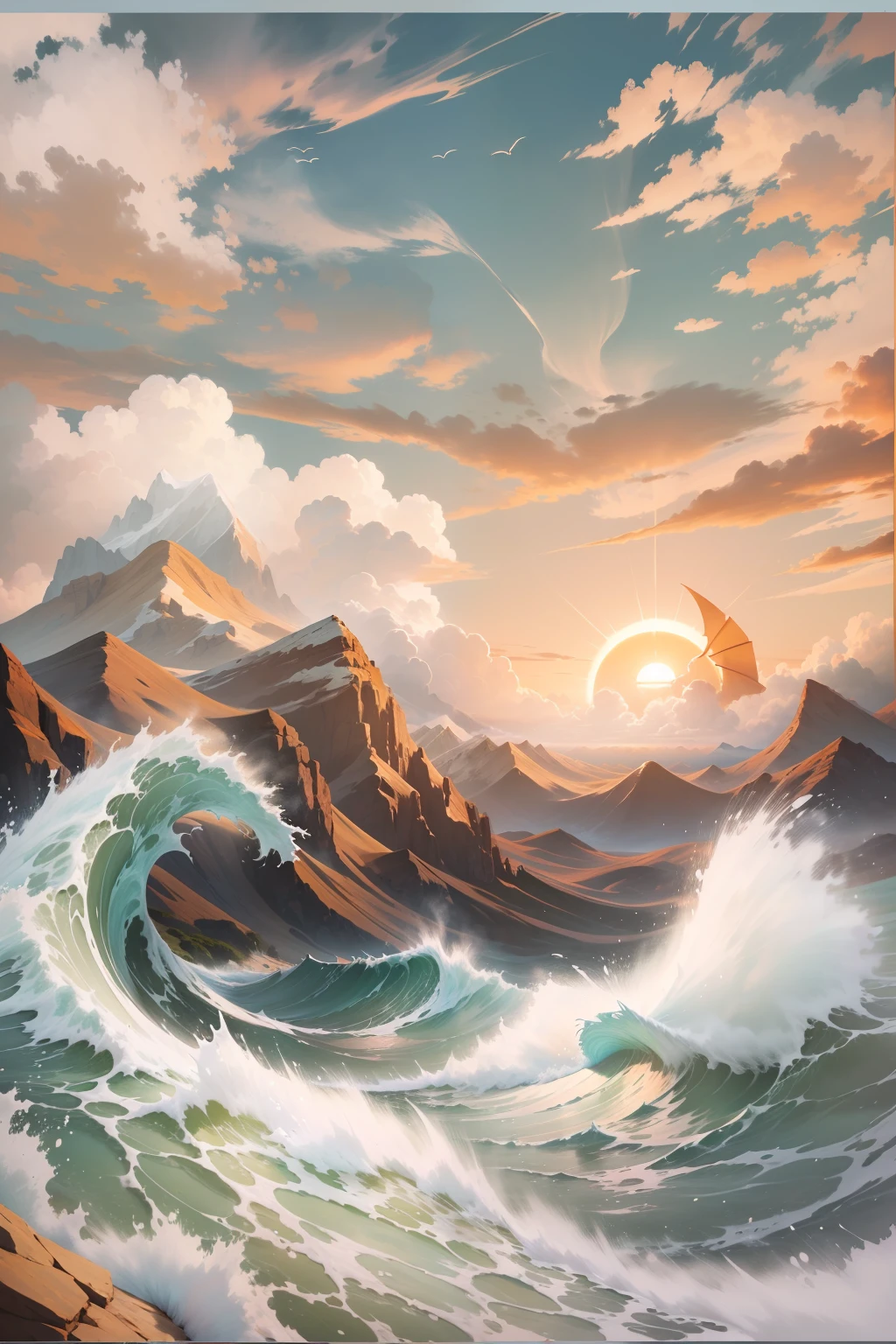 ((masterpiece)), ((high detail)),((ultra-detailed)),((delicate face)),A wave, a mountain, a sun rising over the horizon, complex clouds,