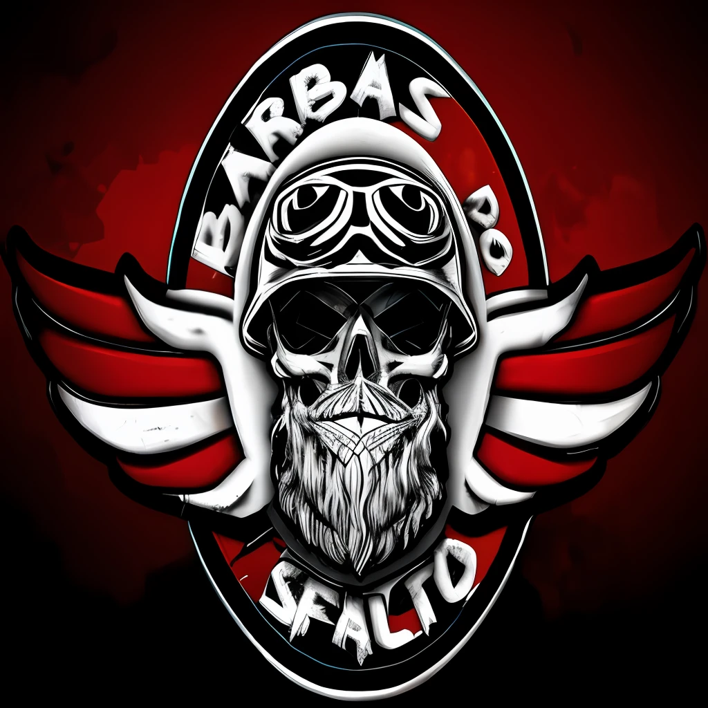 Black and white image of a skull with a beard and motorcycle helmet, design de escudo de motoclube, design de patch, Rodovia
