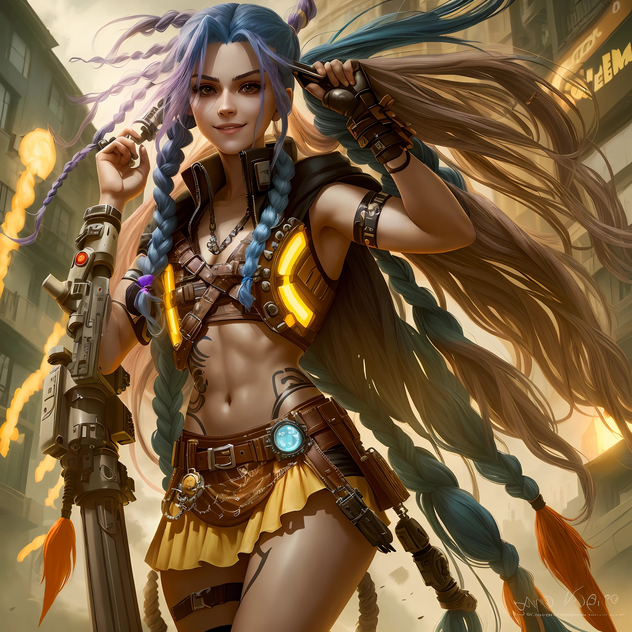Jinx, Arcano, Jinx de League of Legends, long blue hair in braids, Double hair braids, perfect human arms, braided hair, Minipistola, light juxtaposition& Sombra, Moody, intenso, feroz, Cinematic lighting, luz de raking, longas sombras luminosas, alta qualidade, smiling as he holds a shark-shaped rocket launcher, rosto estilo anime, Corpo Perfeito, Steampunk clockpunk --ar 6:9 --s 1000 --c 12 --q 2 --v 5.2