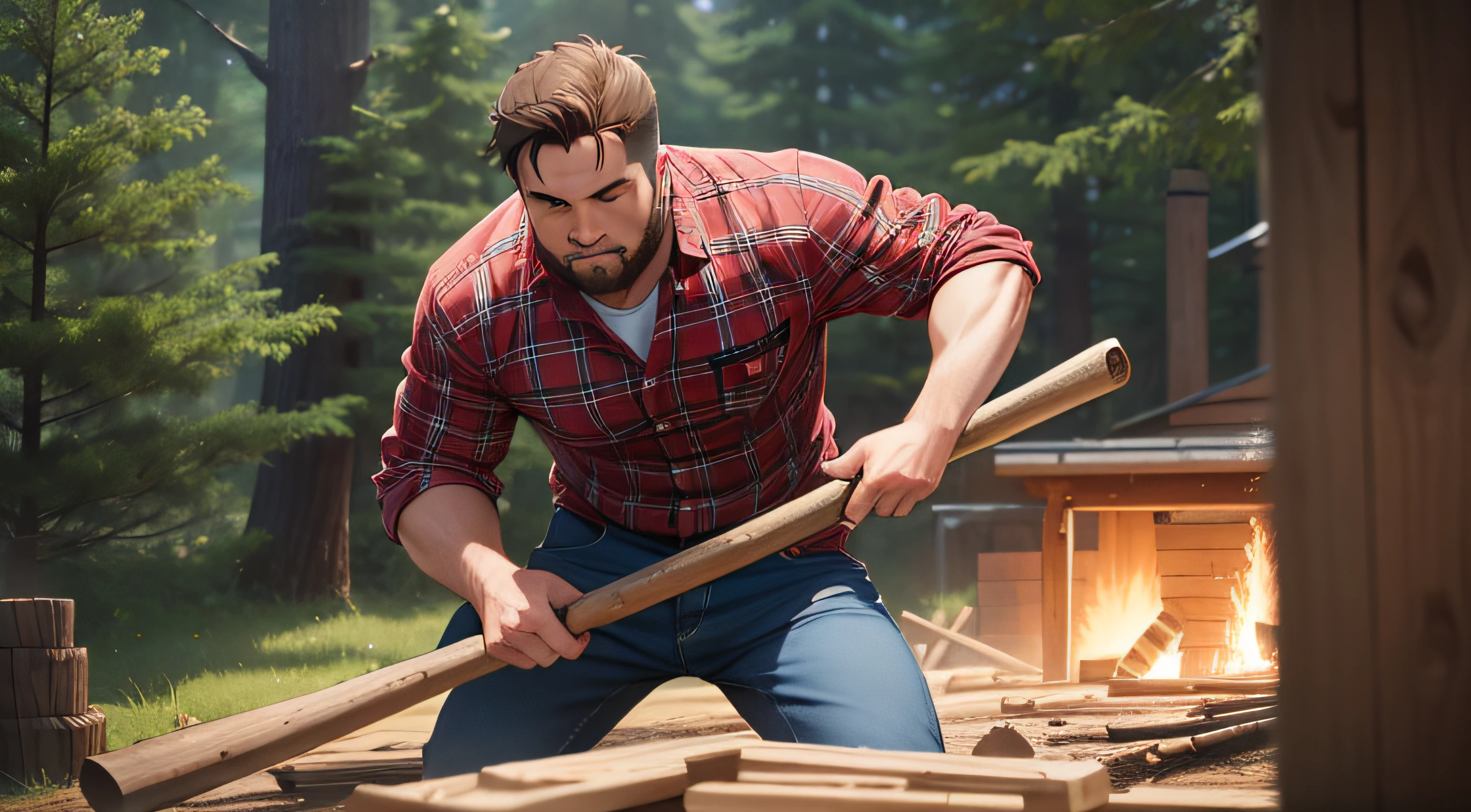 40-year-old lumberjack in red plaid shirt chopping wood with 15-year-old son, Ghibli Film Studio