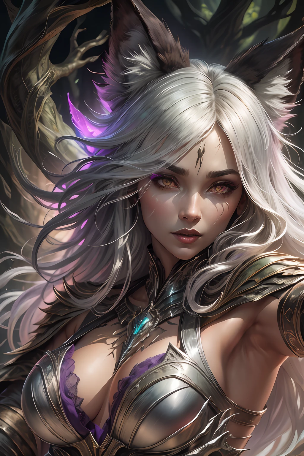 female body wolf, purple fur, long silver claws, arms outstretched, howl humain face, black skin, pink eyes, pink lips, prominent silver canine --auto --s2