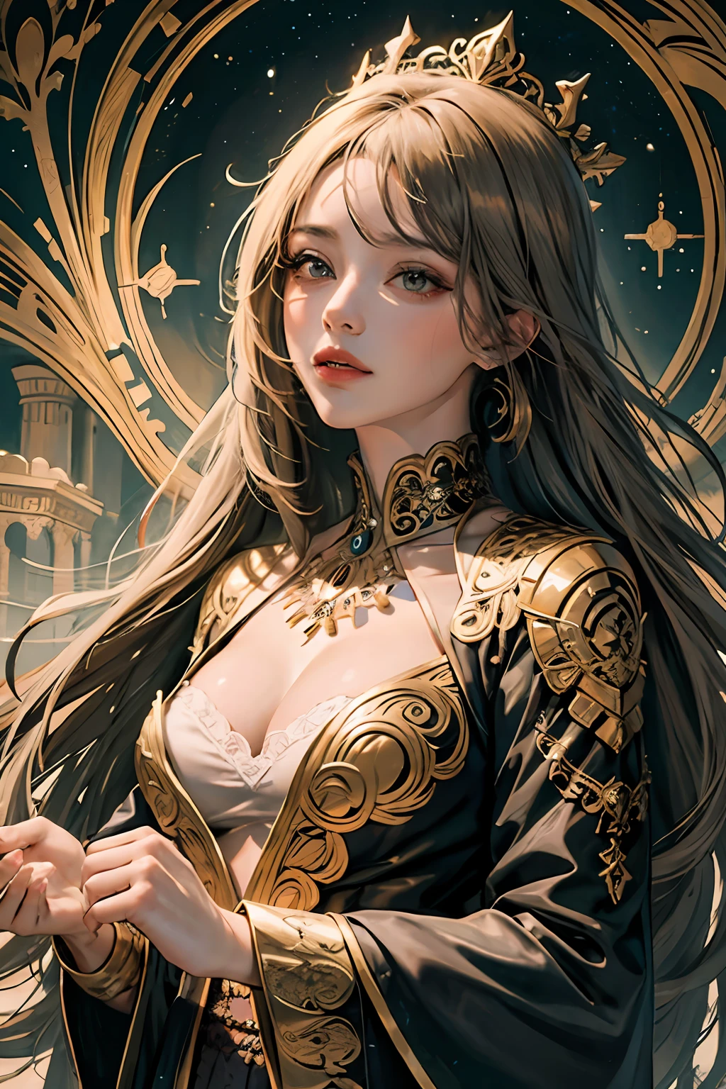 (masterpiece, top quality, best quality, official art, beautiful and aesthetic:1.2), (1girl), extreme detailed,colorful,highest detailed, official art, unity 8k wallpaper, ultra detailed, beautiful and aesthetic, beautiful, masterpiece, best quality, (zentangle, mandala, tangle, entangle) ,holy light,gold foil,gold leaf art,glitter drawing, PerfectNwsjMajic
