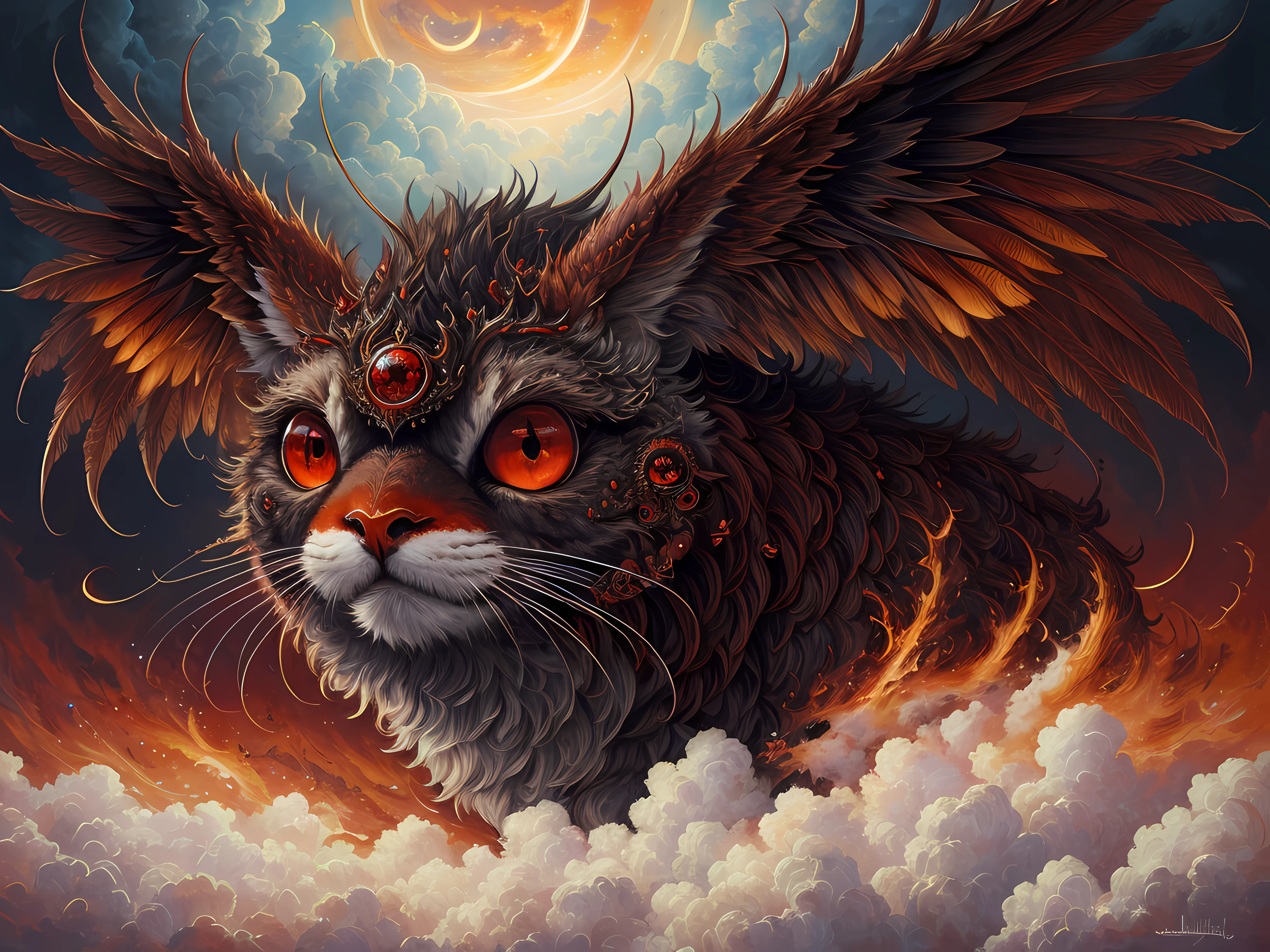 hight resolution, (Lebhaft), Nacht, auf einer Wolke thronend, happy, (ultra quality), Waffe, ((big red eyes)), extrem detailliert, Independence, Highly detailed, professional majestic oil painting by Ed Blinkey, (8K UHD), extrem detailliert, Reflexion, von Jean-Baptiste Monge,