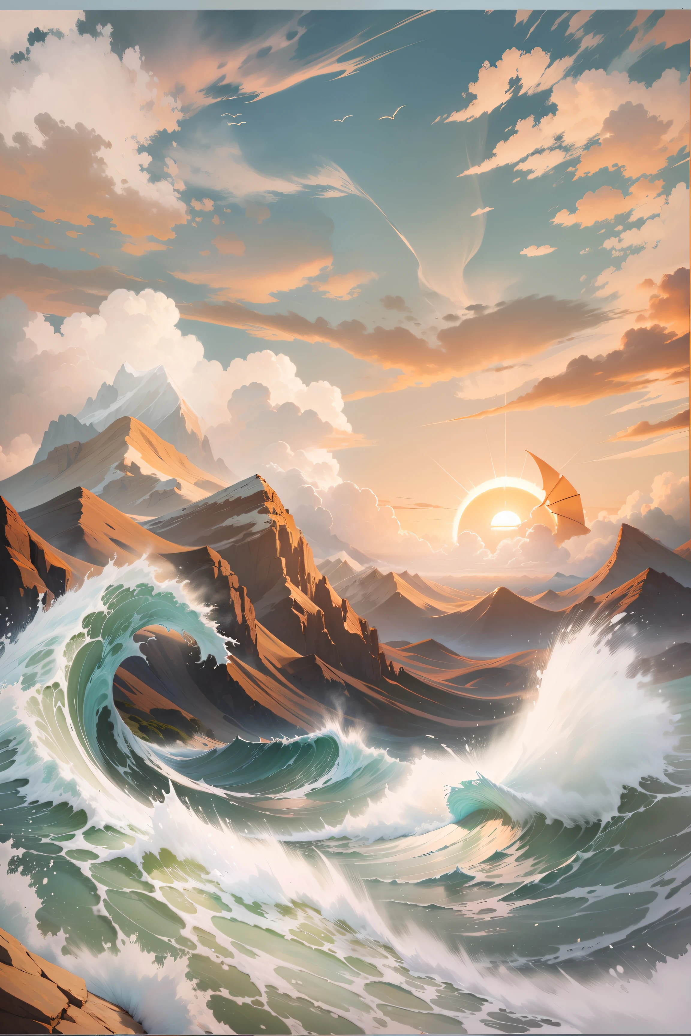((masterpiece)), ((high detail)),((ultra-detailed)),((delicate face)),A wave, a mountain, a sun rising over the horizon, complex clouds,