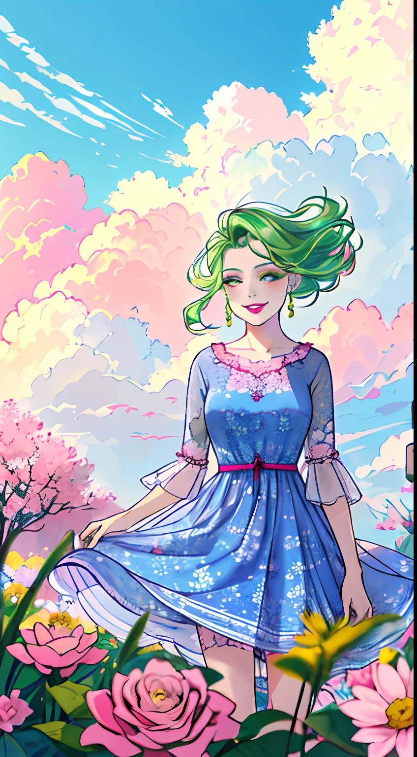 "obra prima, extremely high quality, 1 garota de cabelos longos, sorridente, , flawless makeup, pink lips, cabelos loiros, olhos verdes, vestido rosa, in a flowery setting in the foreground and blue sky with clouds, Vestido longo rosa."