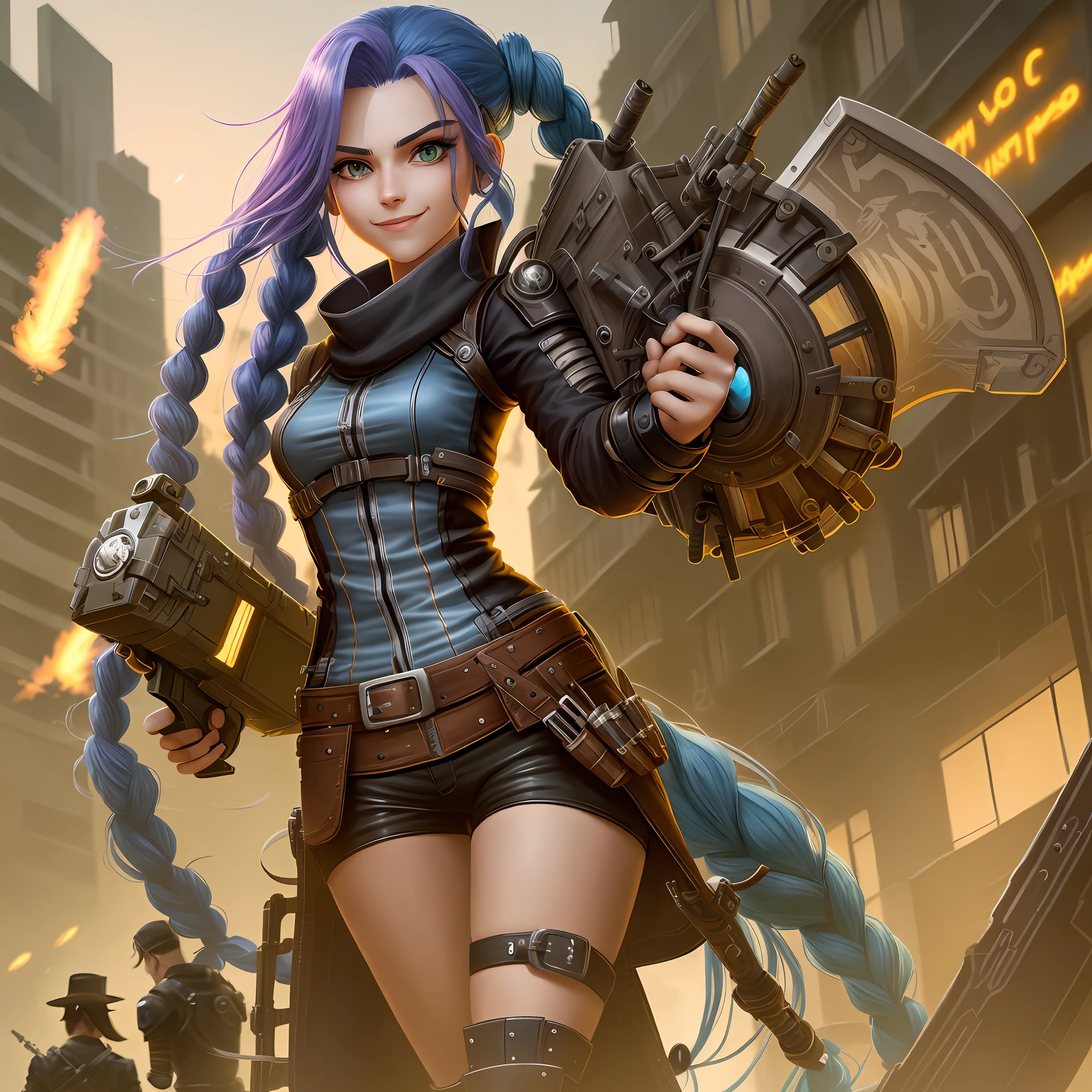 Jinx, Arcano, Jinx de League of Legends, long blue hair in braids, Double hair braids, braided hair, Minipistola, light juxtaposition& Sombra, Moody, intenso, feroz, Cinematic lighting, luz de raking, longas sombras luminosas, alta qualidade, smiling as he holds a shark-shaped rocket launcher, rosto estilo anime, Corpo Perfeito, Steampunk clockpunk --ar 6:9 --s 1000 --c 12 --q 2 --v 5.2