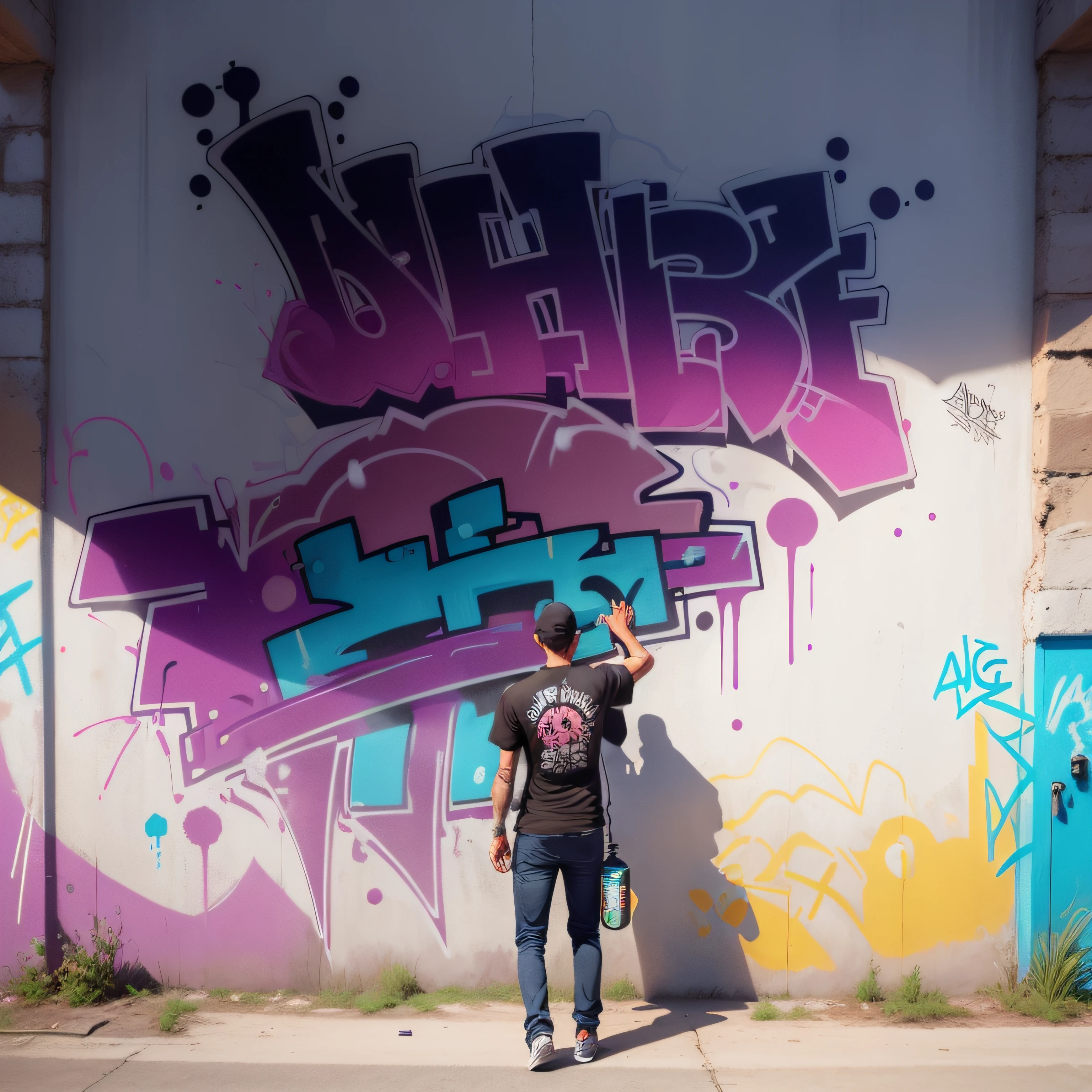 Drawing of a full-body person on his back graffiti a wall with a spray can in his right hand in the air