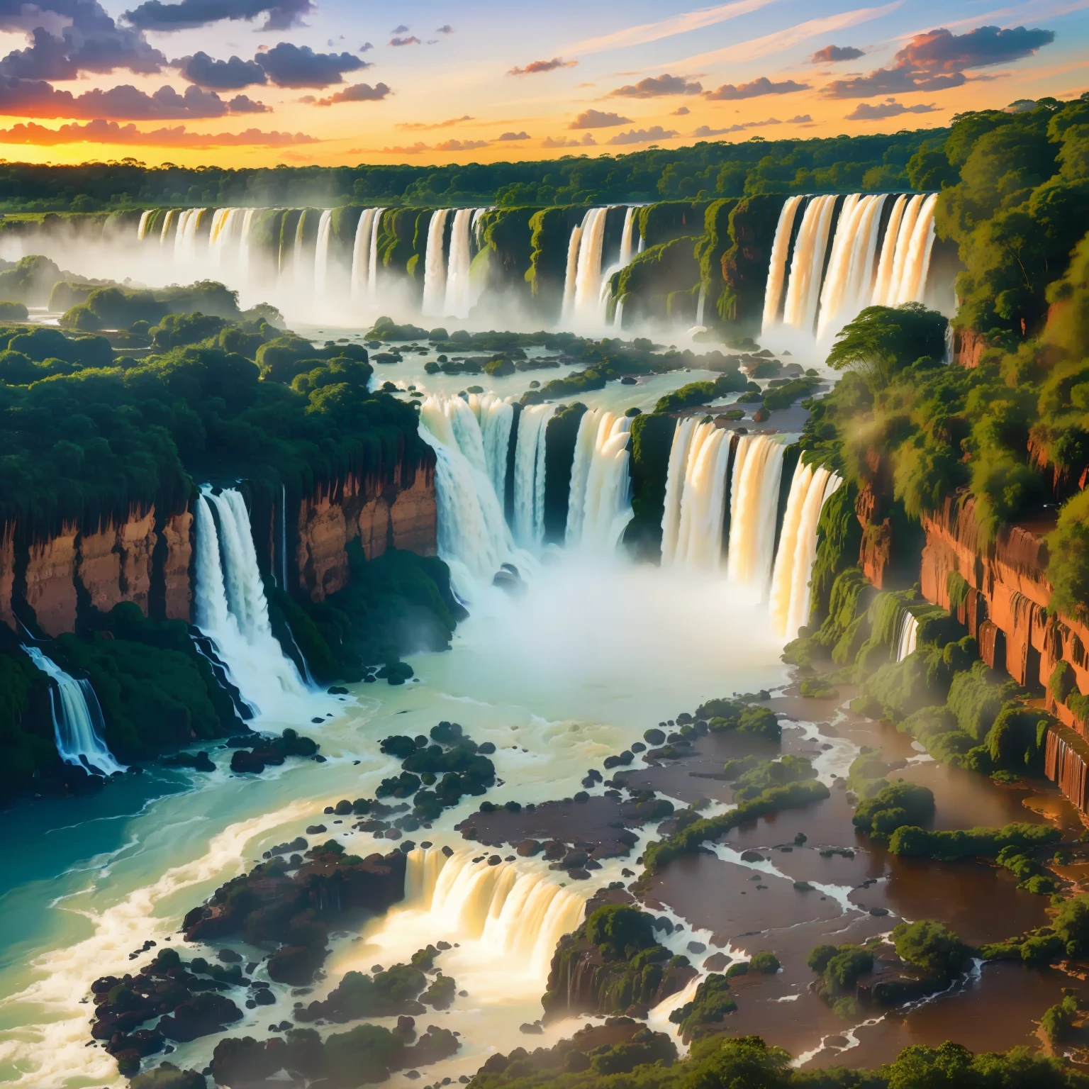 Iguazu falls. Waterfalls in middle of the tropical jungle, Devil's Throat massive waterfall. Illuminated by natural sunset light.