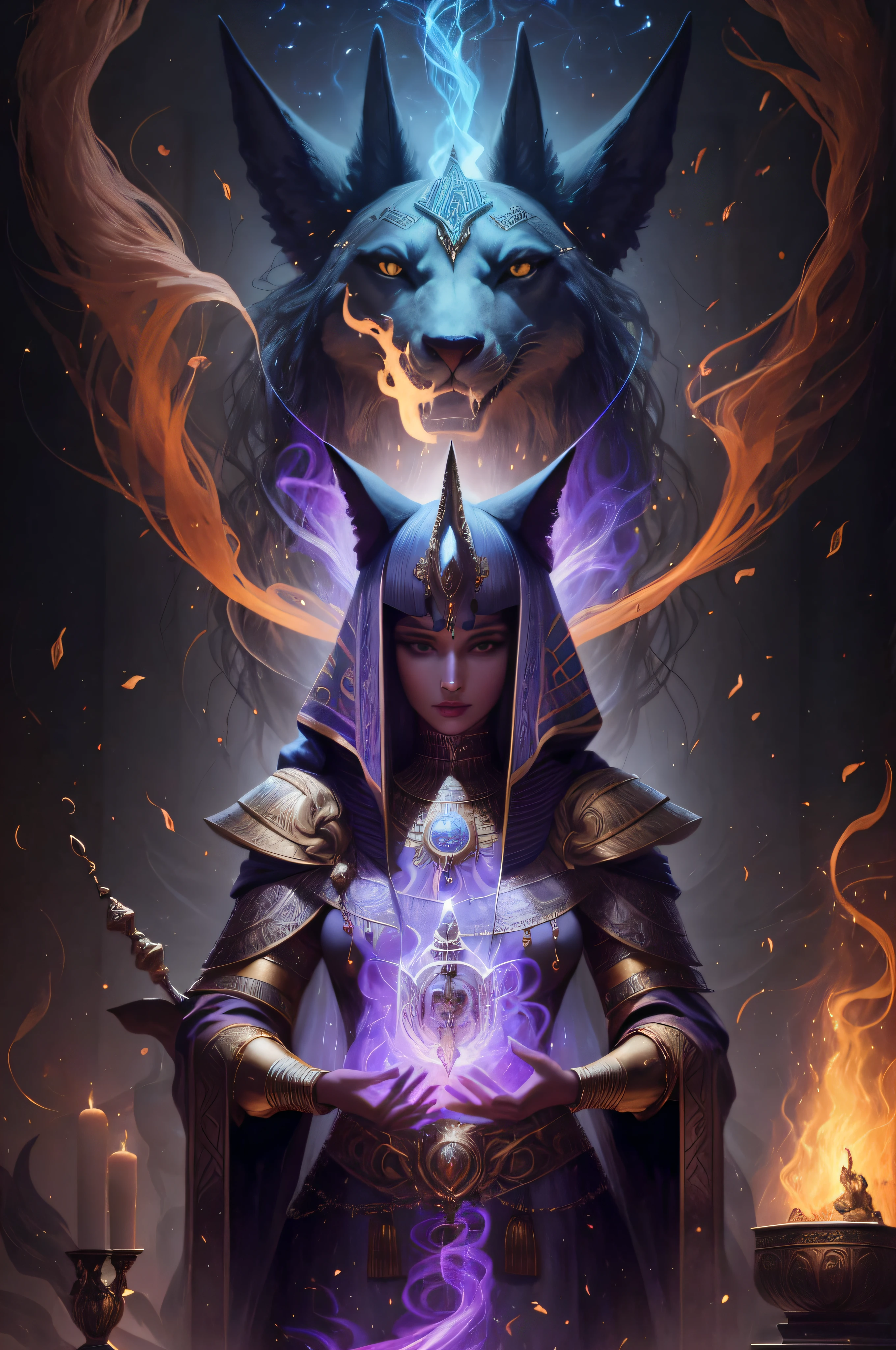 uma Mulher, Portrait of female Godanubis with jackal head on front altar, redemoinho de fogo, aura, magia, Sparks, magia astral, ornamentado, Behind the woman is the head of Anubis like an aura behind