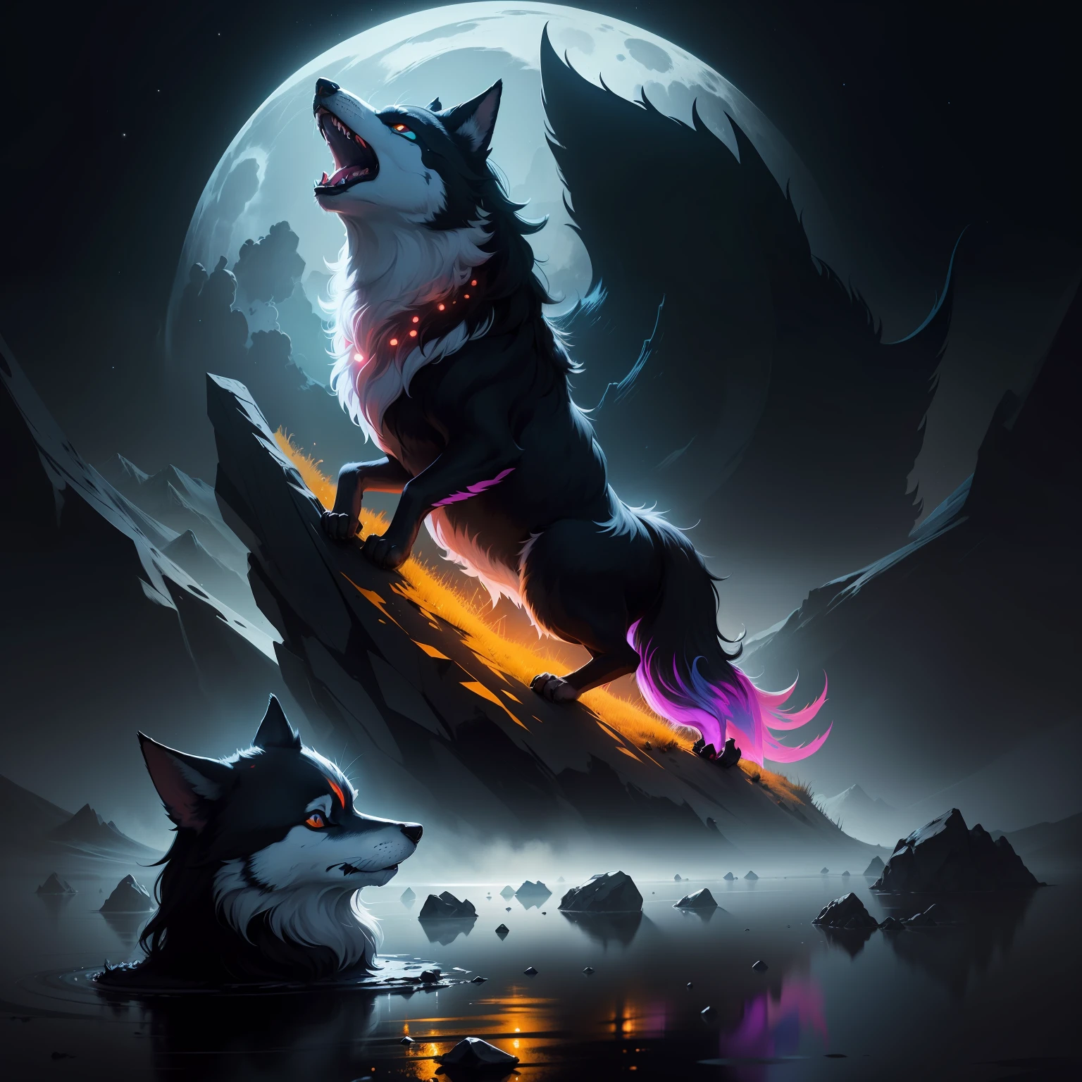 A brightly colored wolf on a black surface howling at the moon , arte digital bonito, painting digital adorable, full-colour illustration, arte digital detalhada bonito,