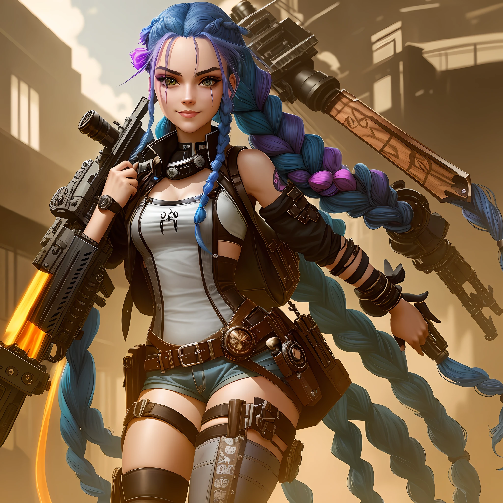Jinx, Arcano, Jinx de League of Legends, long blue hair in braids, Double hair braids, braided hair, Minipistola, light juxtaposition& Sombra, Moody, intenso, feroz, Cinematic lighting, luz de raking, longas sombras luminosas, alta qualidade, smiling as he holds a shark-shaped rocket launcher, rosto estilo anime, Corpo Perfeito, Steampunk clockpunk --ar 6:9 --s 1000 --c 12 --q 2 --v 5.2