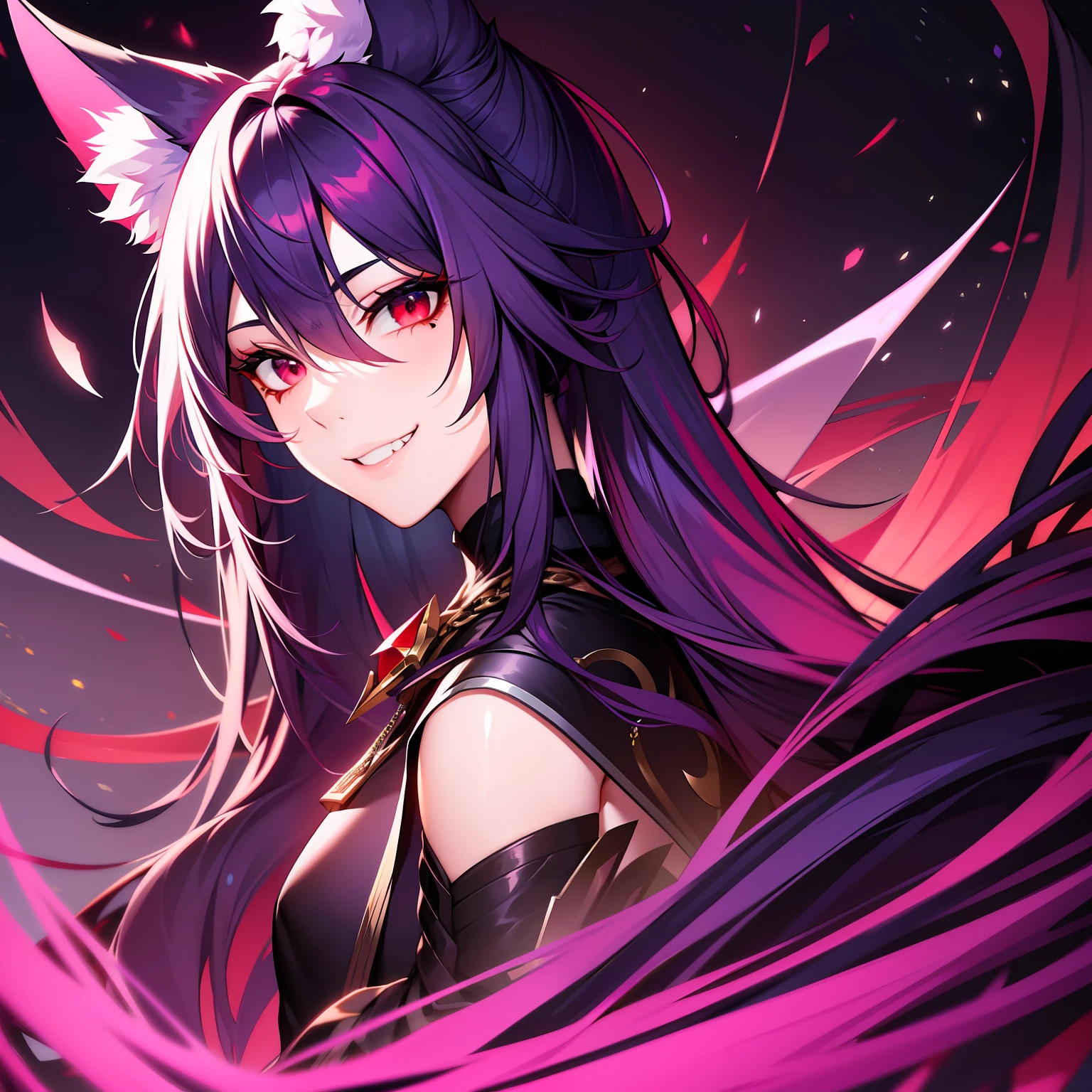 Young guy, pretty facial features, long dark purple hair, half gathered in messy ponytail, half loose, dangerous bright red eyes, black fit clothes with many jewels, fox ears and tail, mad smile