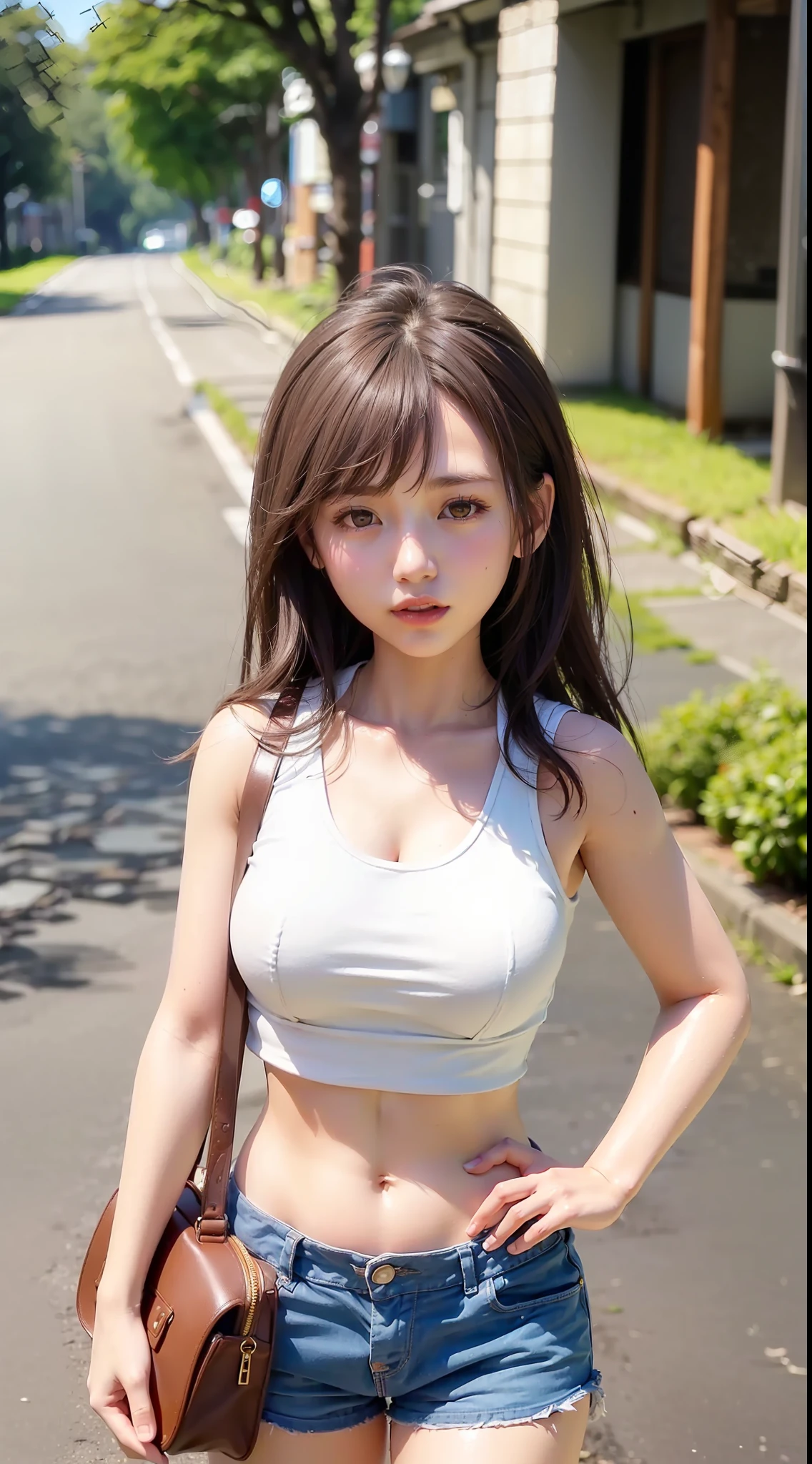 ((top-quality、8K、masterpiece:1.3))、Little beautiful Japan gal with perfect body shape:1.4、((Brown hair、tits out:1.2))、Put your arms behind your hips、Geki Mini(((Tank tops、Landless、short pants))、In the street、Highly detailed facial and skin texture、A detailed eye、二重まぶた