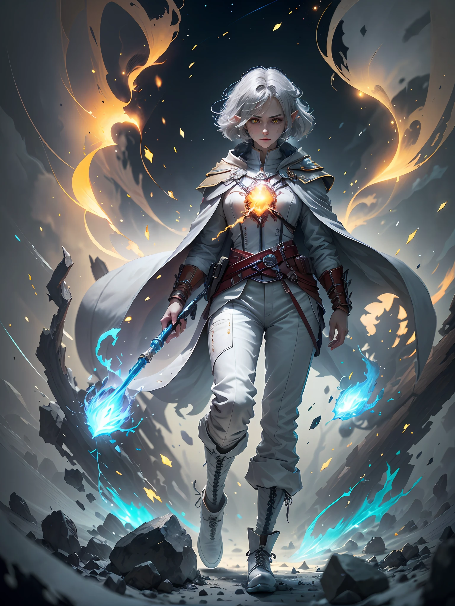 Digital Ilustration, Anime style, Woman, ((elf)), 1girl, beautiful, (tired, sad):1.4),(grey hair, bob cut, ((fine facial features)),),(white outfit, red outfit accents, assasin-style outfit, military coat, pants, boots),(glowing yellow eyes:1.2),elemental mage engulfed in blue flames and yellow lightning, chromatic chaos, gold and ice tones, depth of field, beautiful, highly detailed, hyperrealistic, cinematic lighting, clear, space background, cinematic lighting soft, (backlight: 1.2), (flowering: 1.2), (bright light: 1.1), (chromatic aberration: 1.2), sharp focus, high contrast ,masterpiece, photorealistic, (full body shot:1.3)