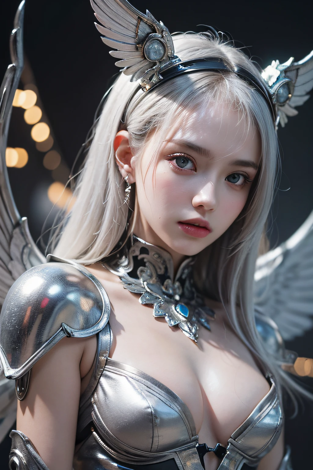 top-quality、​masterpiece、超A high resolution、(Photorealsitic:1.4)、Raw photo、Mechanical Angel、large wings made of metal、White porcelain body、white  hair、glowy skin、1 Mechanical Girl、((super realistic details))、portlate、globalillumination、Shadow、octan render、8K、ultrasharp、character edge light,small tits、Raw skin is exposed in cleavage、Details of complex ornaments、Hydraulic cylinder、highly intricate detail、Realistic light、a purple eye、radiant eyes、Facing the camera、neon details、cowboy  shot、Futuristic headgear、Sumerian details、Small LED lamp、
