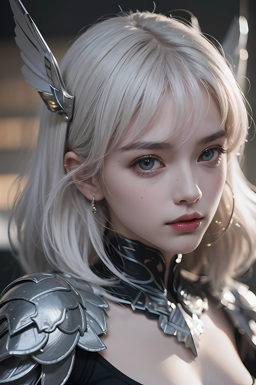 top-quality、masterpiece、超A high resolution、(Photorealsitic:1.4)、Raw photo、Mechanical Angel、large wings made of metal、White porcelain body、white hair、glowy skin、1 Mechanical Girl、((super realistic details))、portlate、globalillumination、Shadow、octan render、8K、ultrasharp、character edge light,small tits、Raw skin is exposed in cleavage、Details of complex ornaments、Hydraulic cylinder、highly intricate detail、Realistic light、a purple eye、radiant eyes、Facing the camera、neon details、cowboy shot、Futuristic headgear、Sumerian details、Small LED lamp、