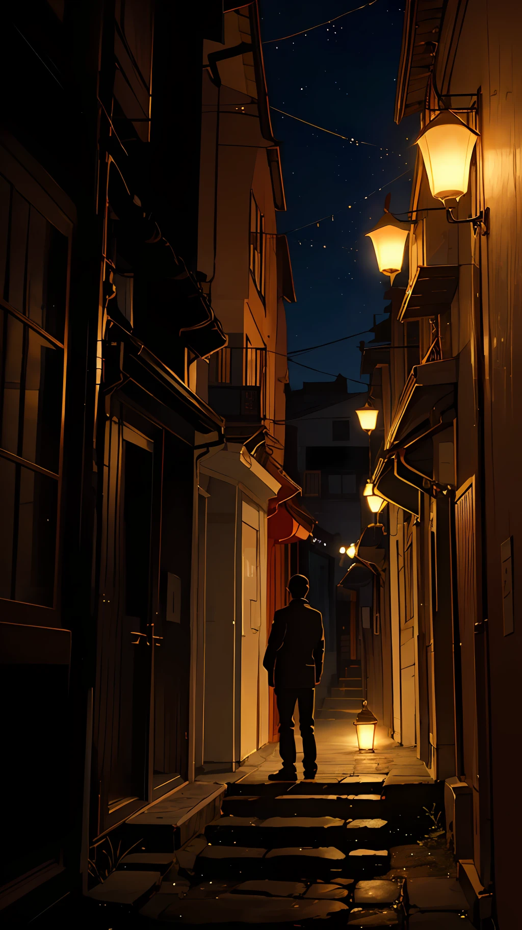 fotografia de paisagem expansiva, (a side view that shows the sky above and the city center below), a boy standing in the middle of the street looking at the corner where an elderly gentleman is standing, o idoso tem cabelos brancos, centro de uma cidade igual londres de 1800, (lua cheia: 1.2), (estrelas cadentes: 0.9), (nebulosa: 1.3), montanha distante , BREAK tree production art, (fonte de luz quente: 1.2), (Firefly: 1.2), lamp, muito roxo e laranja, detalhes complexos, volumetric lighting BREAK (obra-prima: 1.2), (melhor qualidade), 4k, ultradetalhado , (dynamic compositing: 1.4), detalhes coloridos altamente detalhados (cores iridescentes: 1.2), (bright illumination, Atmospheric Illumination), sonhador, magica, (solo: 1.2)