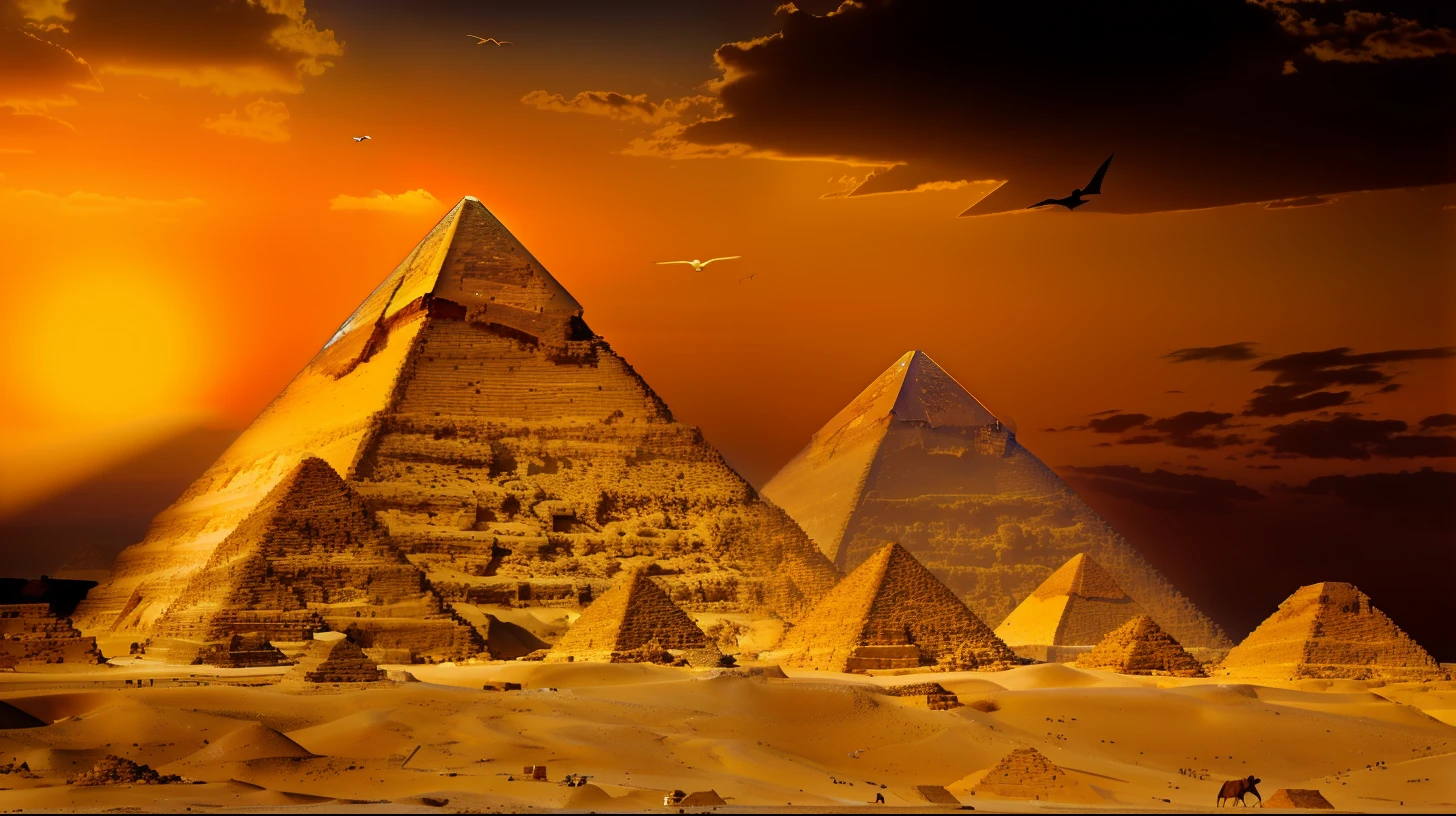 a group of three pyramids in the desert with a bird flying over them, pyramids in the desert, pyramids of egypt, pyramid ruins at sundown, pyramids of giza, pyramids in background, great pyramid of giza, ancient megastructure pyramid, ancient pyramid, golden pyramids, pyramids in the background, pyramids style, Pyramids, Directed by: Joseph Werner, pyramid background