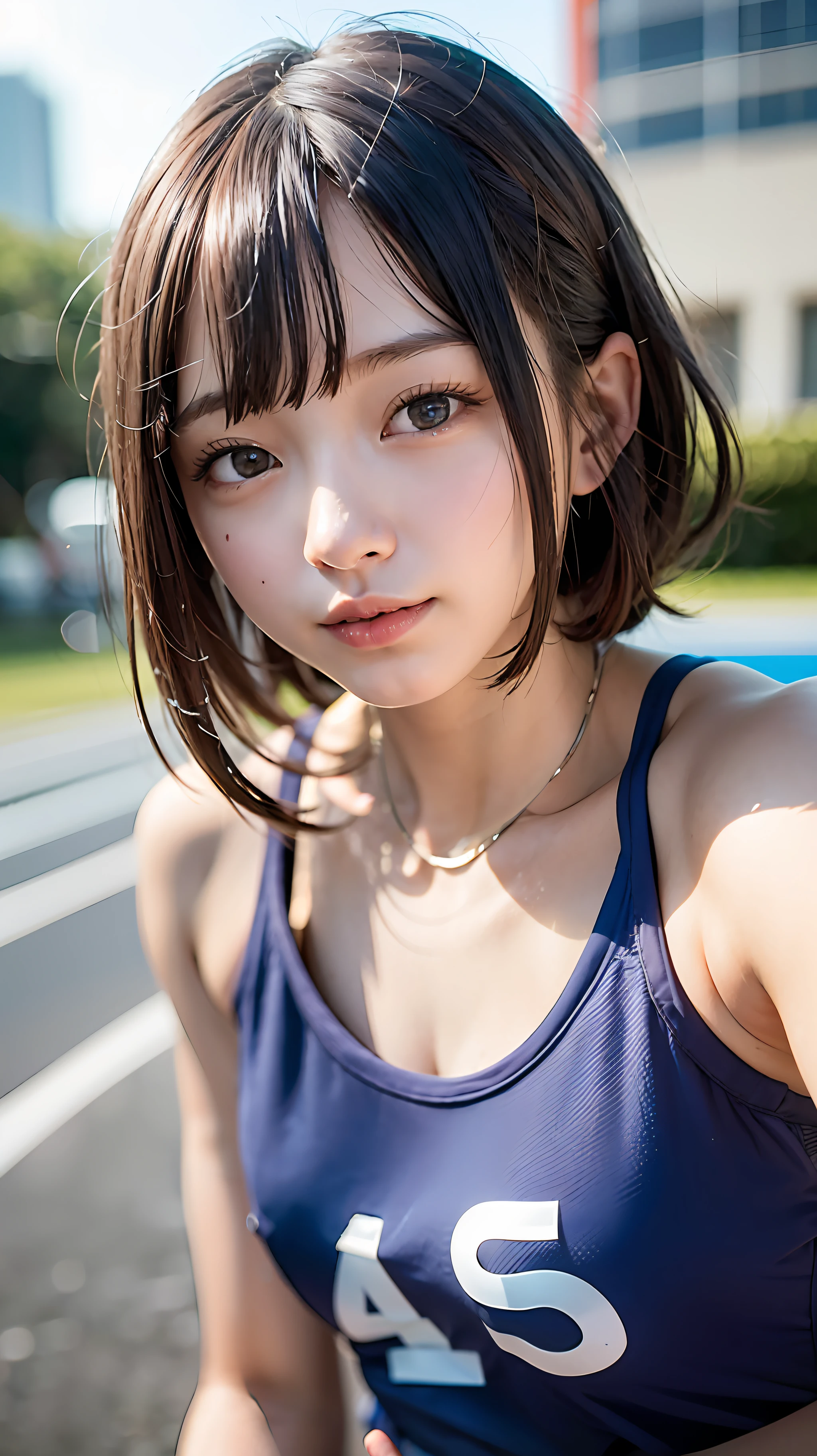 Before the start of track and field sprinting、（Blue uniform for athletics）、{Exposed tank top、Wearing high-leg bloomers}、（abdomen exposure）、（Wrist exposed）、a closeup、cosplay foto、Anime Cosplay、middlebreasts、Raw photography, top-quality, hight resolution, (​masterpiece), (Photorealsitic:1.4), professional photograpy, foco nítido, nffsw, 8K分辨率, intricate detailes,  depth of fields, extremely detailed CG Unity、8k wallpaper, front lit, girl with, （kawaii）、beautiful supermodel, A smile、Short bob hair、A slender、free pose、dynamic ungle