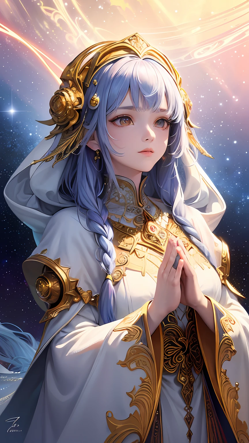 (masterpiece, top quality, best quality, official art, beautiful and aesthetic:1.2), (1girl), extreme detailed, (fractal art:1.3), colorful, highest detailed, perfect face, upper body, HDR, (praying:1.3), (white cloak golden lines:1.2), galaxy, (light streaks), striking visuals, (dynamic streaks, luminous trails:1.2), vibrant colors,