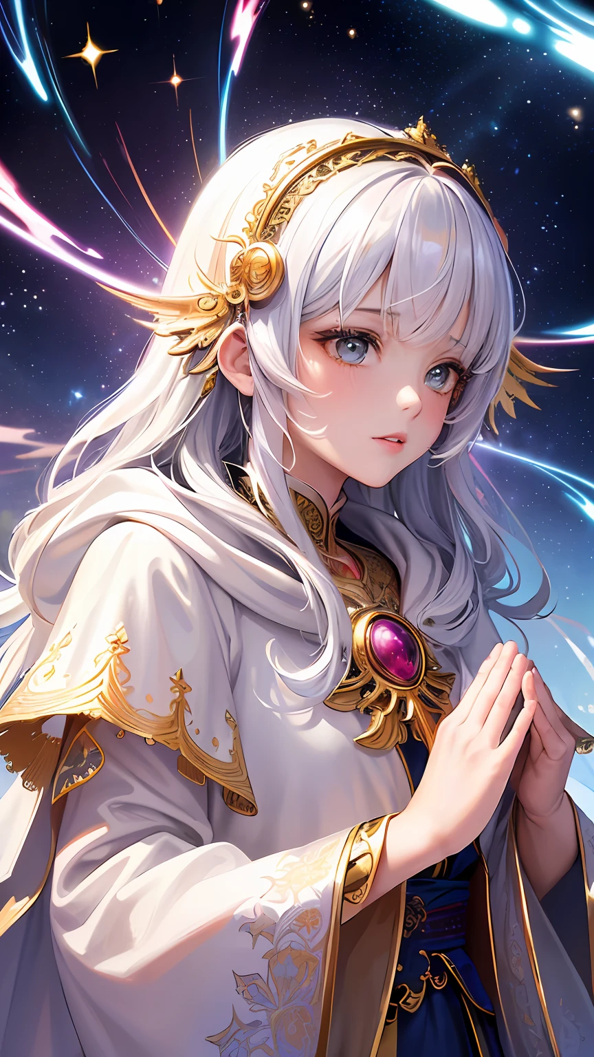(masterpiece, top quality, best quality, official art, beautiful and aesthetic:1.2), (1girl), extreme detailed, (fractal art:1.3), colorful, highest detailed, perfect face, upper body, HDR, (praying:1.3), (white cloak golden lines:1.2), galaxy, (light streaks), striking visuals, (dynamic streaks, luminous trails:1.2), vibrant colors,
