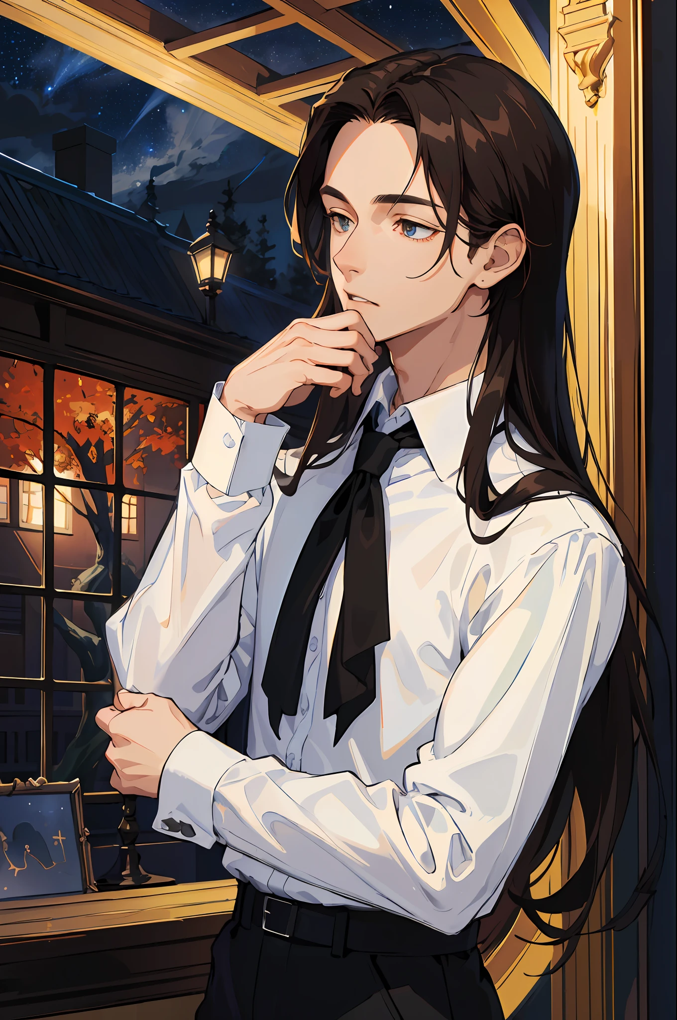 (absurdres, highres, ultra detailed, HDR), masterpiece, best quality, 2boy, handsome, very long hair, black hair, brown hair finely eye and detailed face, (white collared shirt), dimple, forehead, night park, starry sky, midnight, autumn, kissing, anime style