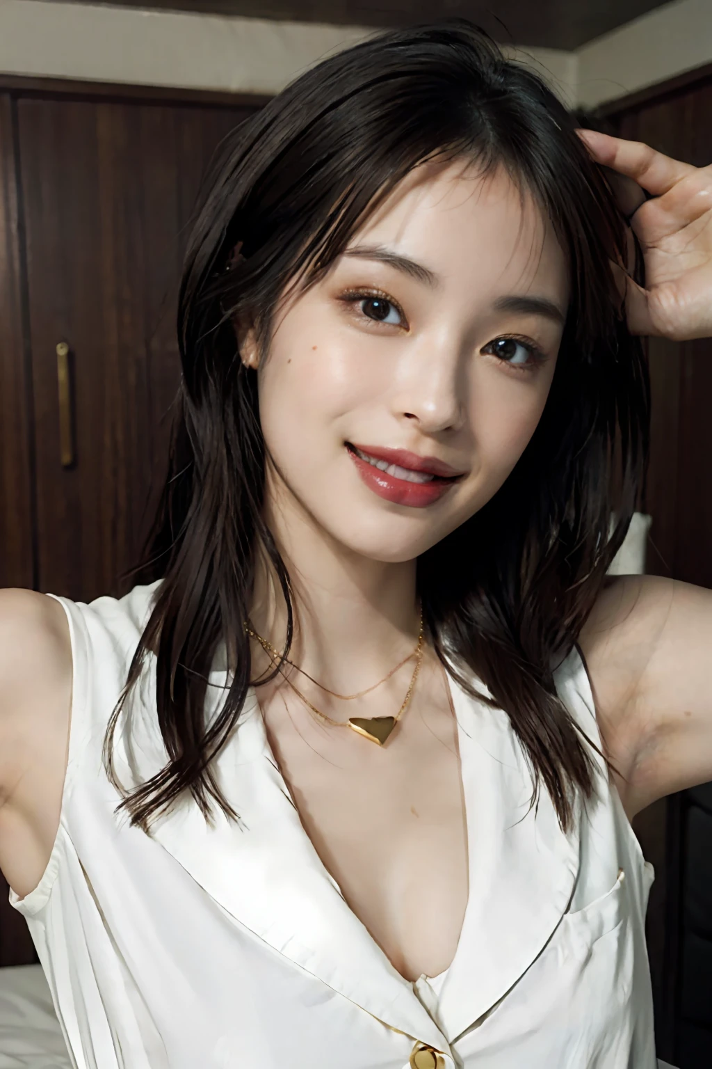 masterpiece、top-quality、realisitic、(A hyper-realistic), (illustratio), (hight resolution), (8K), (ighly detailed), (The best illustrations), (beatiful detailed eyes), (top-quality), (ultra-detailliert), (masterpiece), (wall-paper), (详细的脸), a bed、Upper body close-up,Armpit, A smile,Plump,独奏,(Wearing a silk plunged open shirt:1.5), full of sweat, japanes, large full breasts, (camel's toe)、huge-breasted、Luxury living room、Detailed white teeth、ultimate beauty girl、No bra、(Thick necklace of gold)、perfect teeth、Brown hair、Light makeup、Navel、