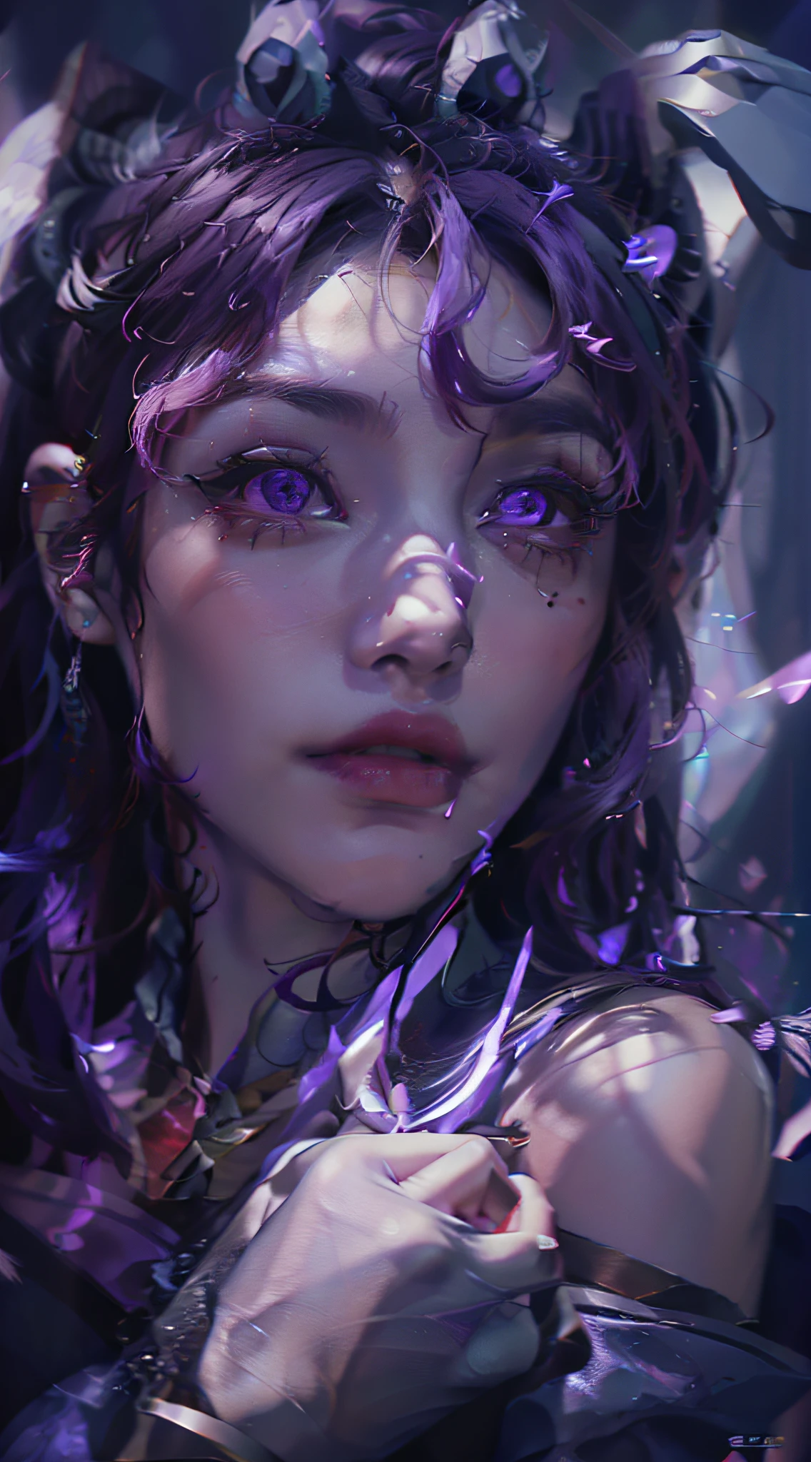 Perfect Face, Beautiful Face, Perfect Hand, 1girl, Kai'sa, League of Legends, Casa, Purple Wings, Deep Purple Hair, Purple Eyes, Serious Expression, Strong Glare, Looking at the Viewer, From Behind, (Dynamic Pose), (Void Wings), Weapons, Masterpiece, Extremely Detailed CG Unity 8k Wallpaper, Best Quality, 32K, Clear Focus, Cyber City, Neon Lights, Aperture, Black Hole in the background, Purple Leather Pants