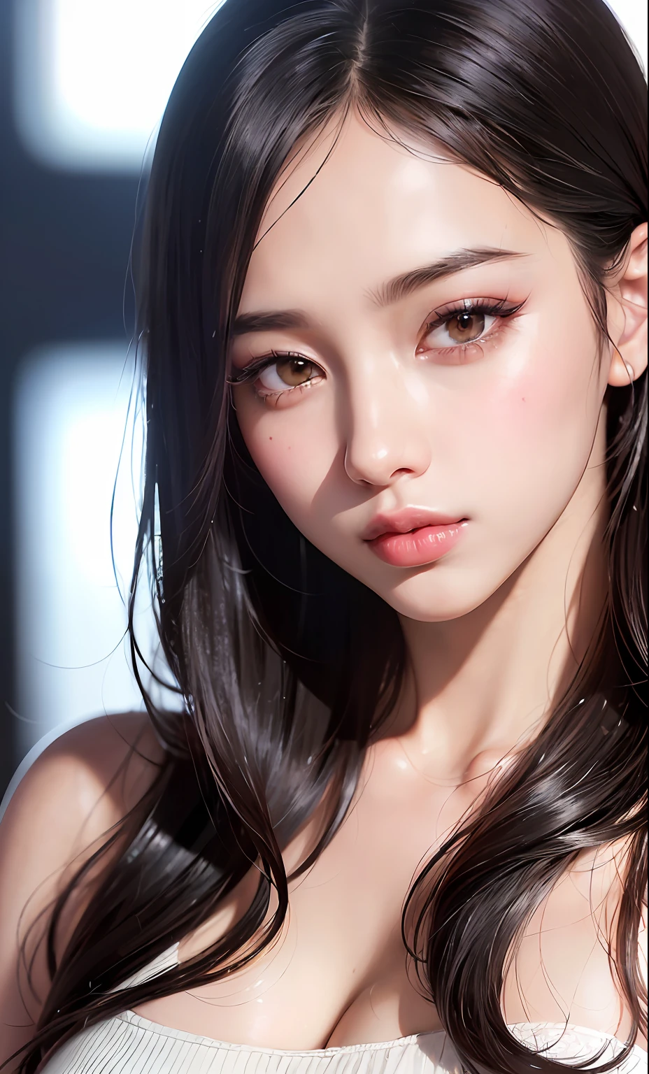 (8k, RAW photo, photorealistic: 1.25), (lip gloss, eyelashes, shiny face, shiny skin, best quality, ultra-high resolution, depth of field, chromatic aberration, caustics, wide range of lighting, Natural shading, Kpop idol) looking at the viewer with a calm and goddess-like happiness,