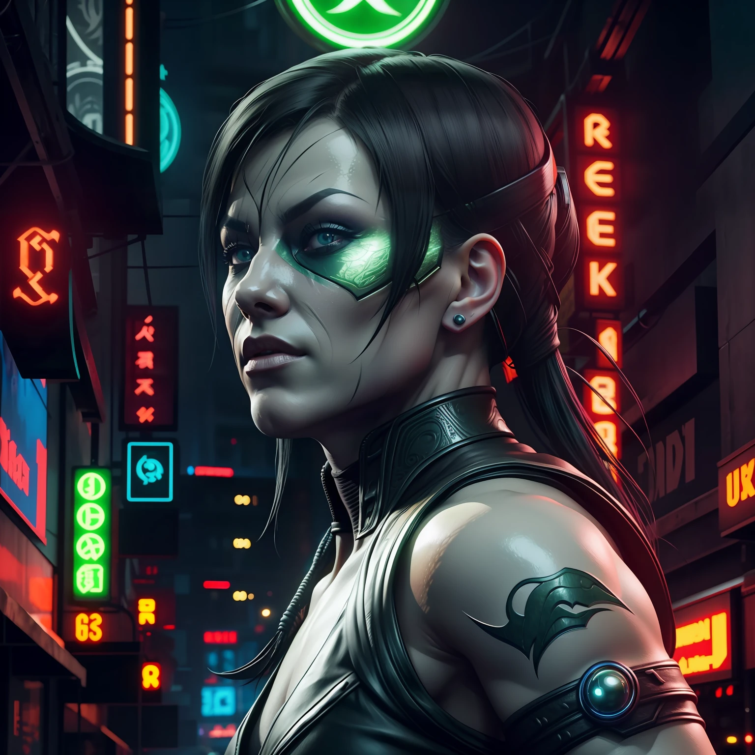Mortal Kombat Jade, unmasked, cyberpunk, outdoor, street, green, hyperrealism, photorealistic, 8k, unreal engine,