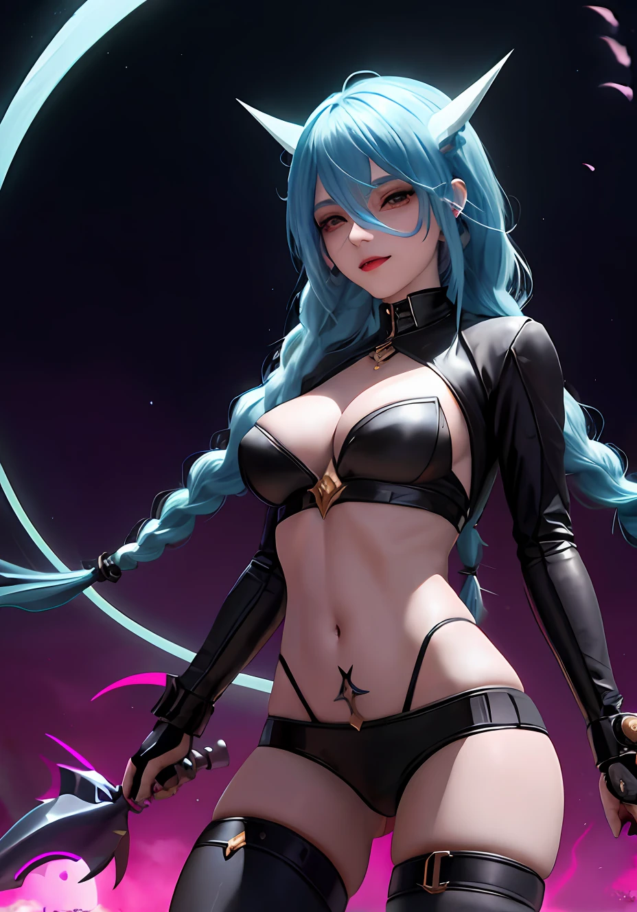 Jhinx, mulher, sexo, Arcana, Jhinx personagem de League of Legends, long neon blue hair in braids, seios grandes perfeitos, pouca roupa, underwear, mulher Sex, perfect hands, Double hair braids, braided hair, Minipistola, light juxtaposition& sombra, Moody, intenso, feroz, Cinematic lighting, luz de raking, longas sombras luminosas, alta qualidade, smiling as he holds a shark-shaped rocket launcher, Rosto estilo anime, corpo perfeito, Steampunk clockpunk --ar 6:9 --s 1000 --c 12 --q 2 --v 5.2