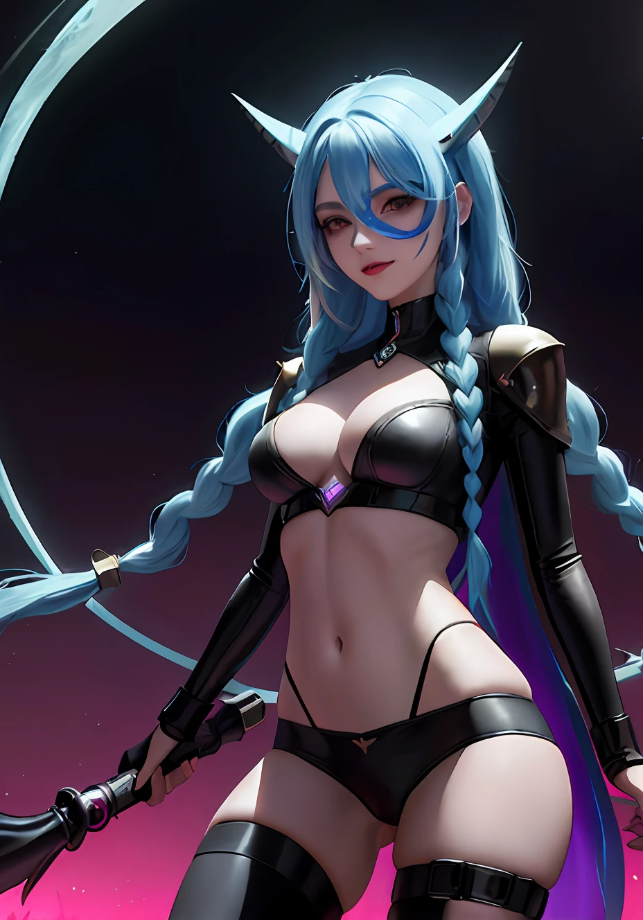Jhinx, mulher, sexo, Arcana, Jhinx personagem de League of Legends, long neon blue hair in braids, seios grandes perfeitos, pouca roupa, underwear, mulher Sex, perfect hands, Double hair braids, braided hair, Minipistola, light juxtaposition& sombra, Moody, intenso, feroz, Cinematic lighting, luz de raking, longas sombras luminosas, alta qualidade, smiling as he holds a shark-shaped rocket launcher, Rosto estilo anime, corpo perfeito, Steampunk clockpunk --ar 6:9 --s 1000 --c 12 --q 2 --v 5.2