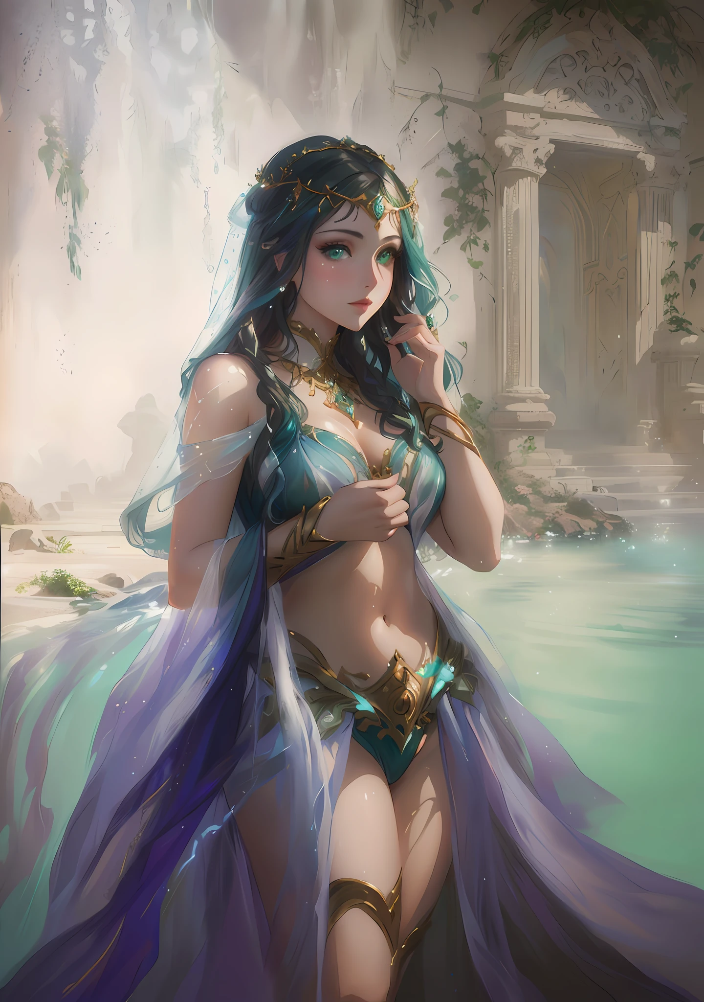 Painting of the Goddess Aphrodite, beautiful face, deep green eyes, flowing cloth, arafed woman in alluring costume standing in a pool,fantasy woman, beautiful fantasy maiden, a beautiful fantasy empress, artstation pixiv, concept art | artgerm, beautiful goddess, artstation, highly intricate, detailed painting, shimmering lights, water effects, realistic painting