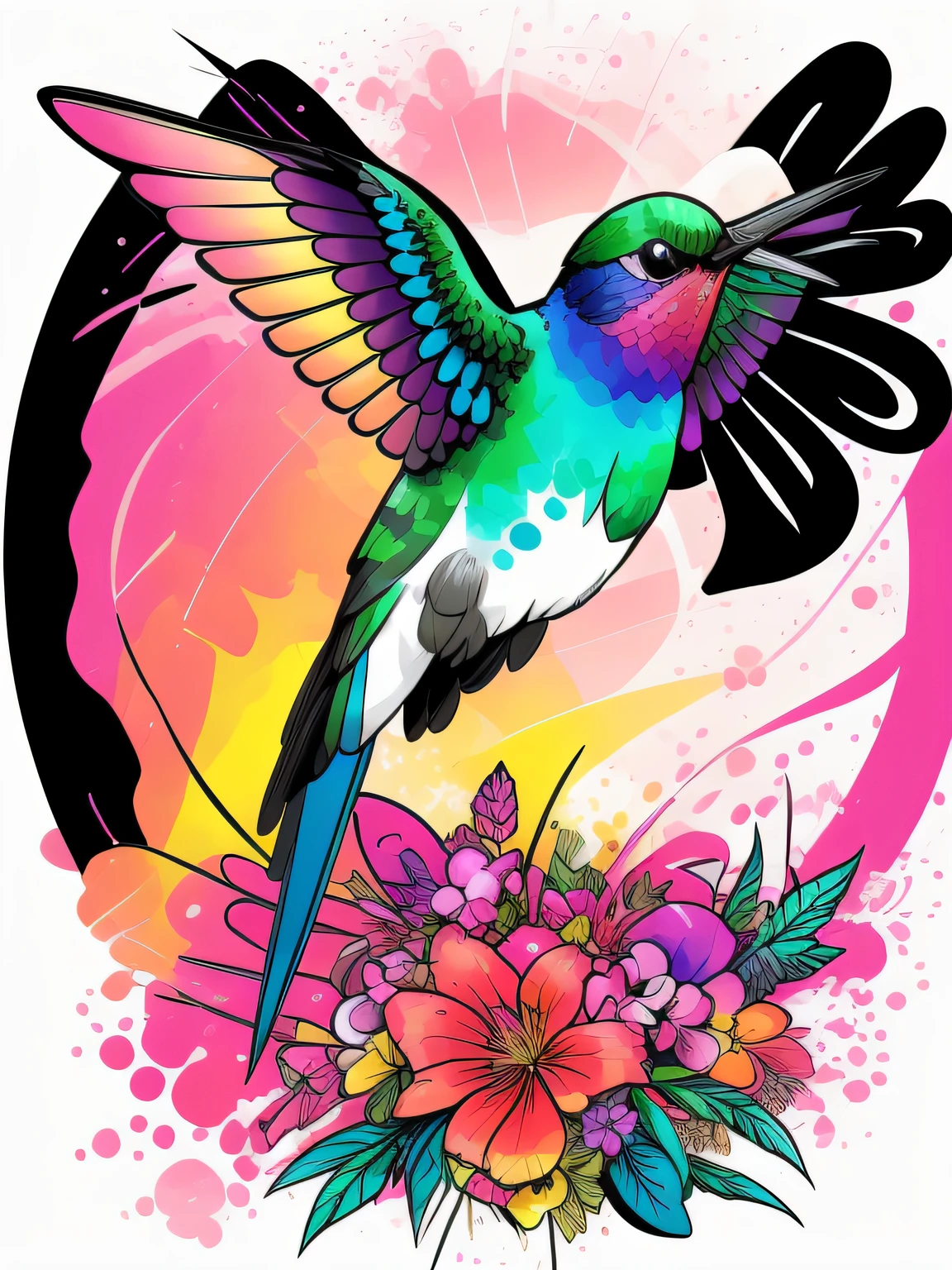 Vector-art of (abstract rainbow-colored hummingbirds in a bold watercolor style: 1.3). Use splashes of vibrant and contrasting flowers to create a striking and eye-catching composition. The hummingbirds can be depicted in an abstract and geometric form, adding a contemporary and artistic flair to the artwork. This style should be visually captivating and evoke a sense of modern artistry, isolated, black background, in the style of 0mib