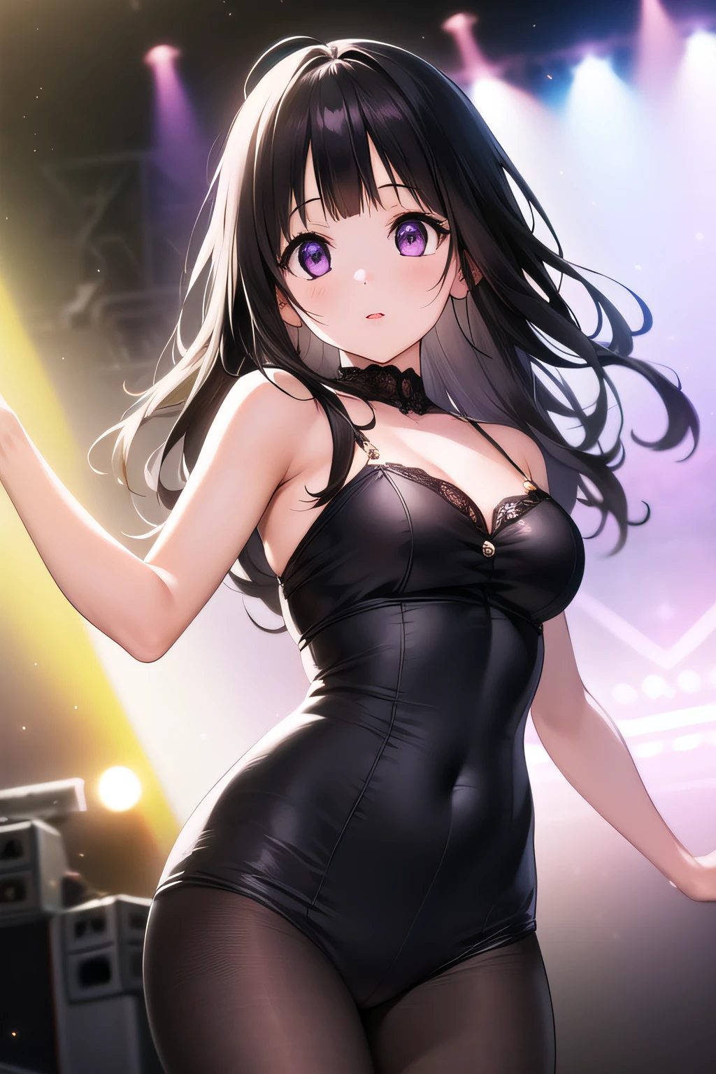 A superb exquisite Chitanda Eru, purple eyes, black long hair, natural straight hair, straight bangs, solo, ((idol)), ((on stage)), cosplay, dancing, extremely delicate, straight facial features, peerless beautiful girl, soft, (sensual), (kawaii), dreamy quality, light white and dark brown, exaggerated facial features, solid color, frank holly, delicate face, bright lips slightly open, slender waist, soft curves, real light and shadow, super fine, 4k, natural moving, Ultra high resolution, (masterpiece:1.2, best quality), (finely detailed beautiful eyes: 1.2), (beautiful detailed face)