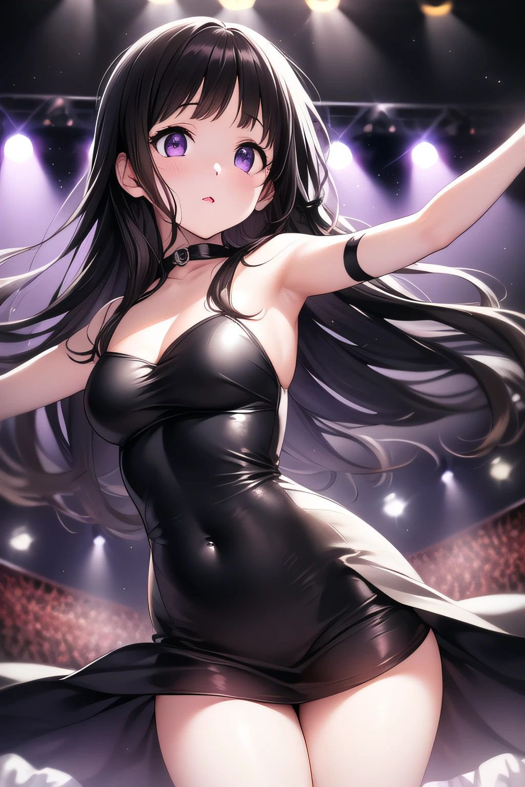 A superb exquisite Chitanda Eru, purple eyes, black long hair, natural straight hair, straight bangs, solo, ((idol)), ((on stage)), cosplay, dancing, extremely delicate, straight facial features, peerless beautiful girl, soft, (sensual), (kawaii), dreamy quality, light white and dark brown, exaggerated facial features, solid color, frank holly, delicate face, bright lips slightly open, slender waist, soft curves, real light and shadow, super fine, 4k, natural moving, Ultra high resolution, (masterpiece:1.2, best quality), (finely detailed beautiful eyes: 1.2), (beautiful detailed face)