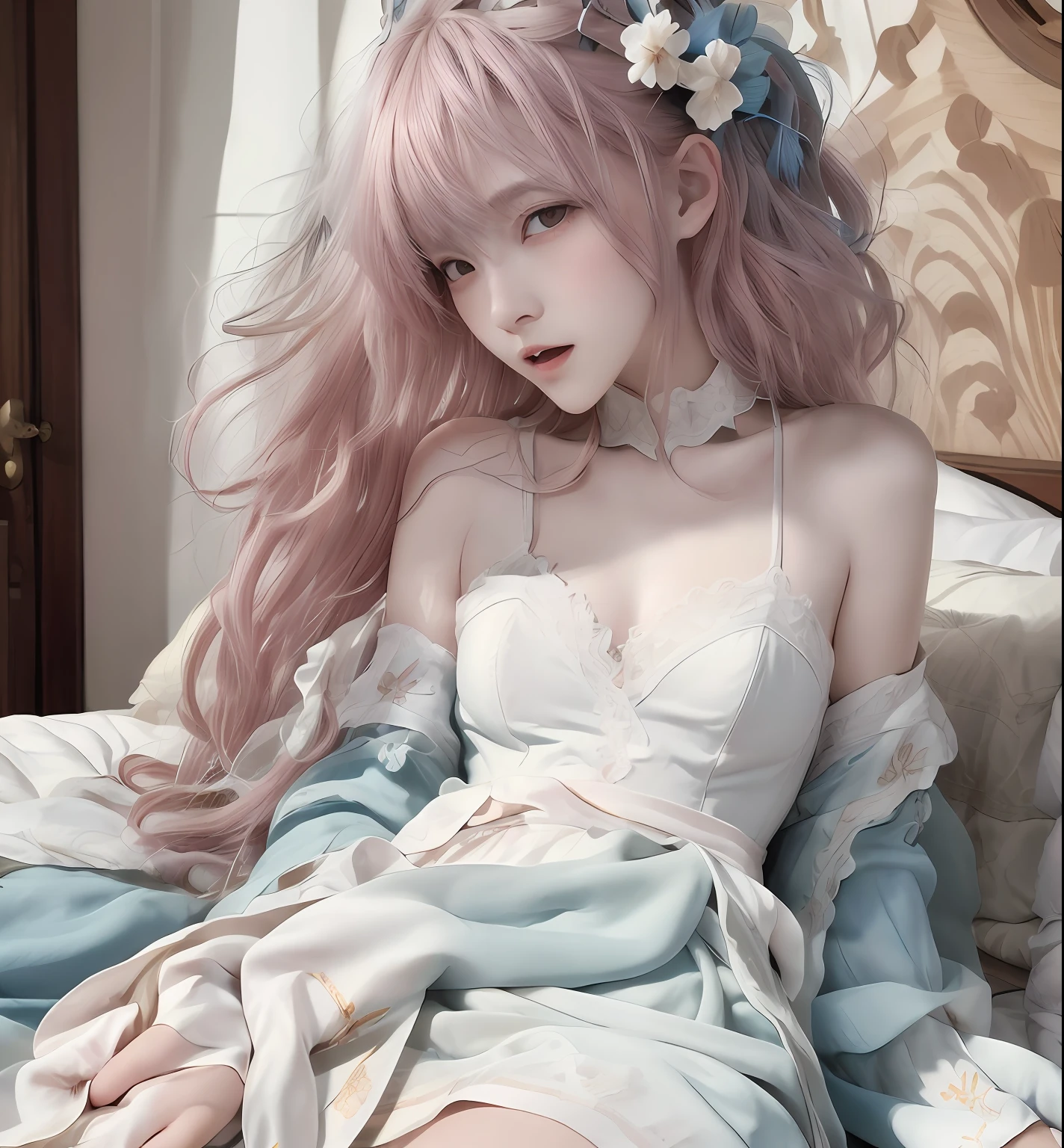 (masterpiece), best quality, expressive eyes, perfect face,1 girl, woke up from bed, wearing a white dress, pink hair, blue eyes, open mouth, detailed fingers, detailed clothes, still sleeping in bed, beautiful face,2 hands detail