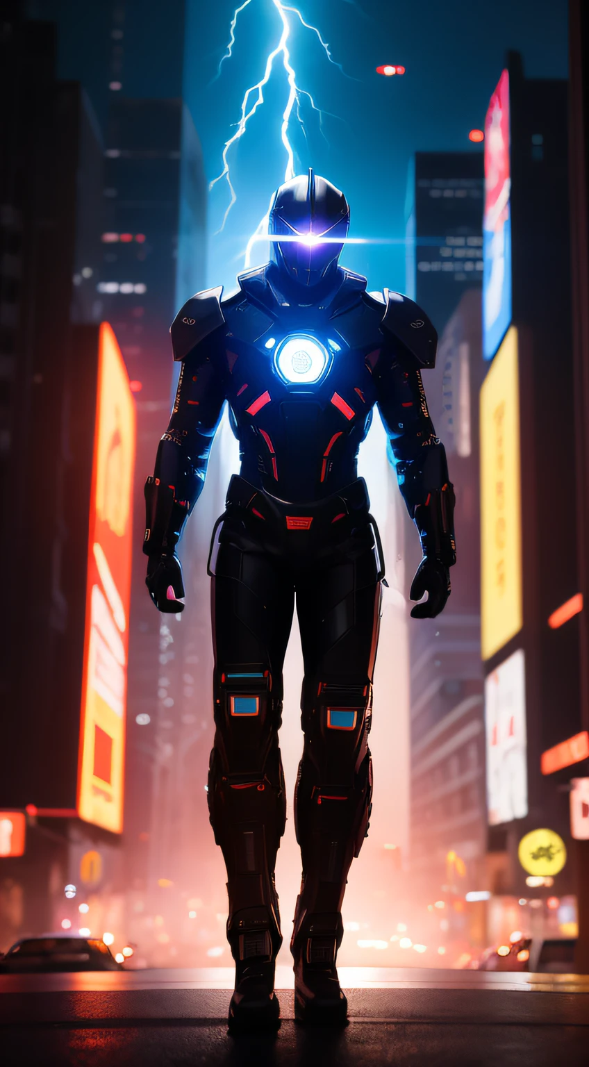 20-year-old in a futuristic cybernetic suit, The young man touches a holographic screen. El fondo es de una ciudad estilo futurista ciberpunk. El joven esta de pie, Background lighting is dark, el joven es ligeramente iluminado por las luces de la pantalla, cinematography lighting, 35mm, ultra realistic photography, Jeremy Mann, Lightningwave, 4k.