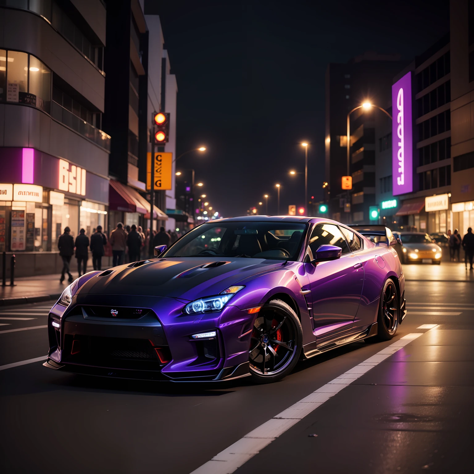 dark purple nissan skyline gtr in a neon city at night, shot with a sony mirrorless, 35mm, photography, cinematic, anti-aliasing, CGI,