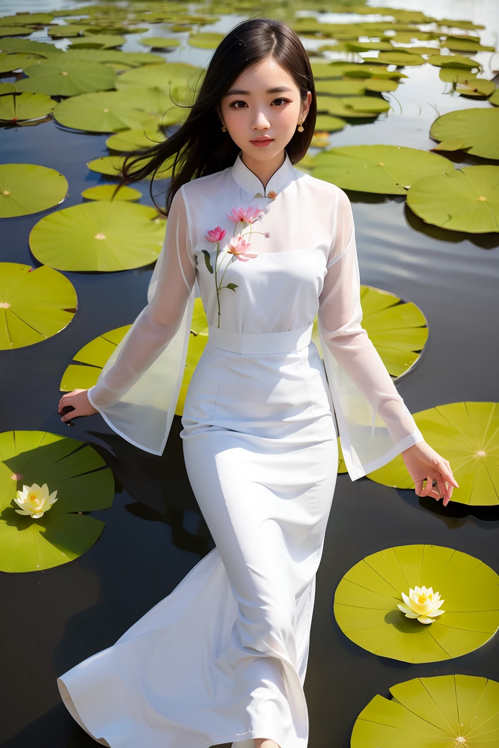 A girl wearing a Vietnamese ao dai stands in the middle of a lotus pond, her shirt is a little wet
