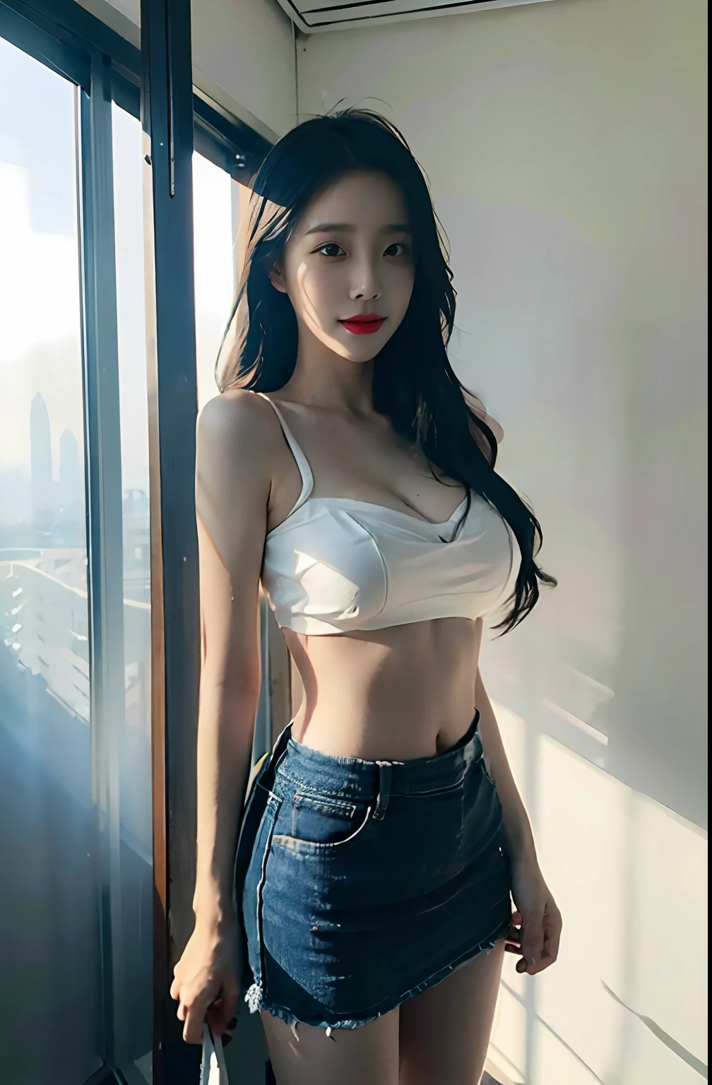 best qualtiy,tmasterpiece,超高分辨率,(realisticlying:1.4),RAW photogr,Official fine art,Wallpapers,half-body photo,The skin,simplebackground,Black eyes,the detail,Dita, 1个Giant Breast Girl,,Bandeau,Belly button,Superskirt,Absolute realm,light wind,rays of sunshine,water fog,Studio light,