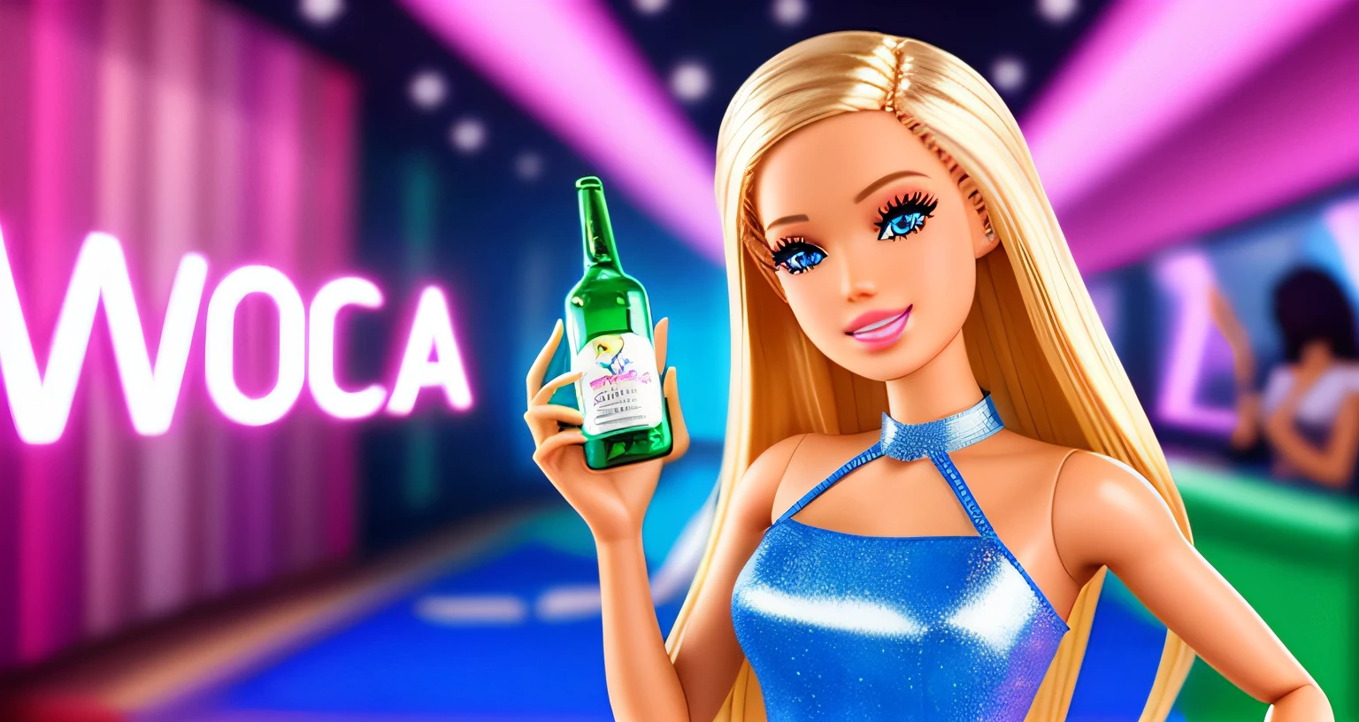 a barbie muito loca,with a bottle of vodica in hand partying
