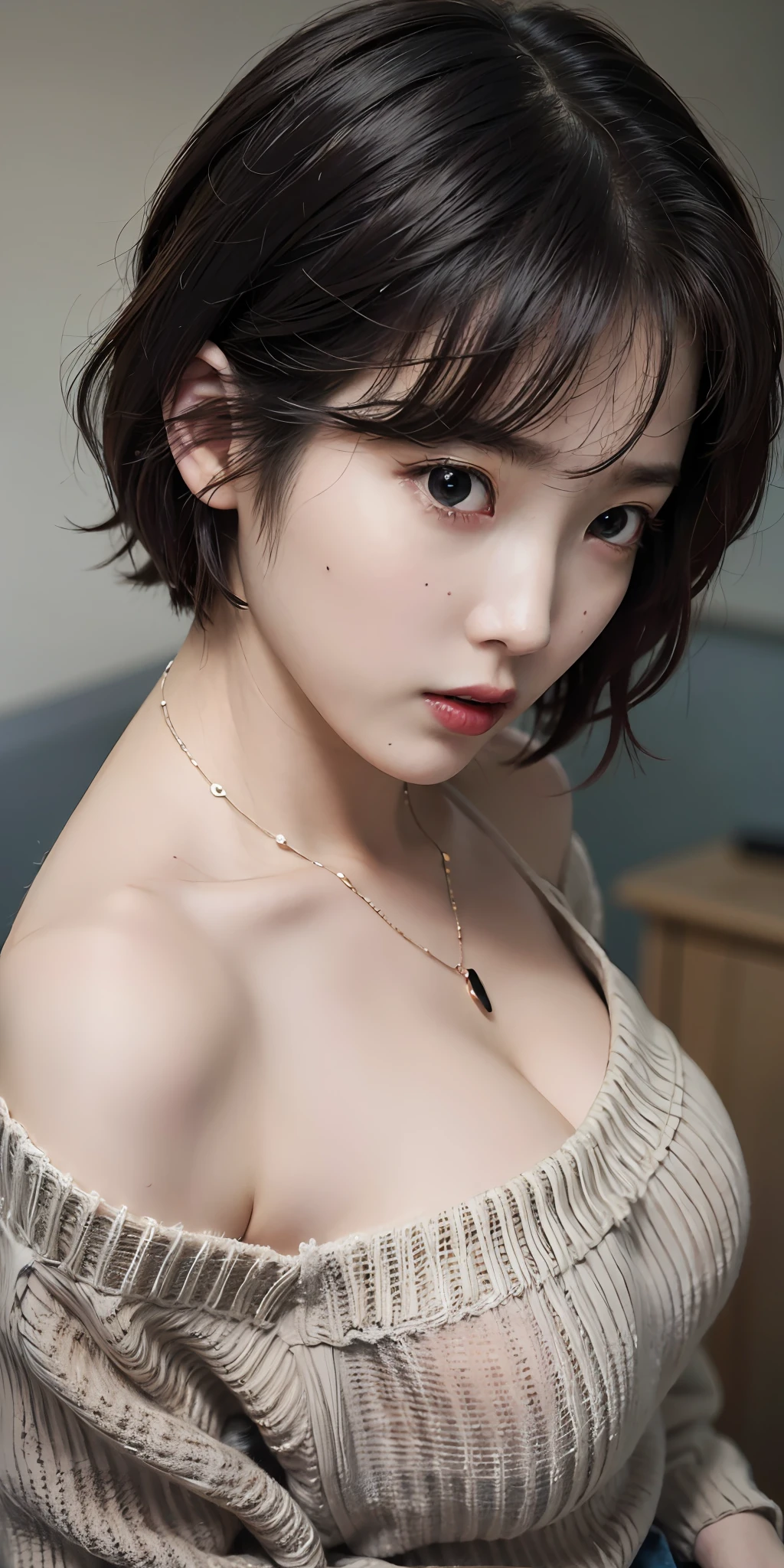 (Best quality, 8k, 32k, Masterpiece, UHD:1.2),Photo of Pretty Japanese woman, tiny breasts, very short bob hair,upper body,face focus,oversized_sweater, necklace, simple background, from above, looking at viewer, iu1, lee ji-eun