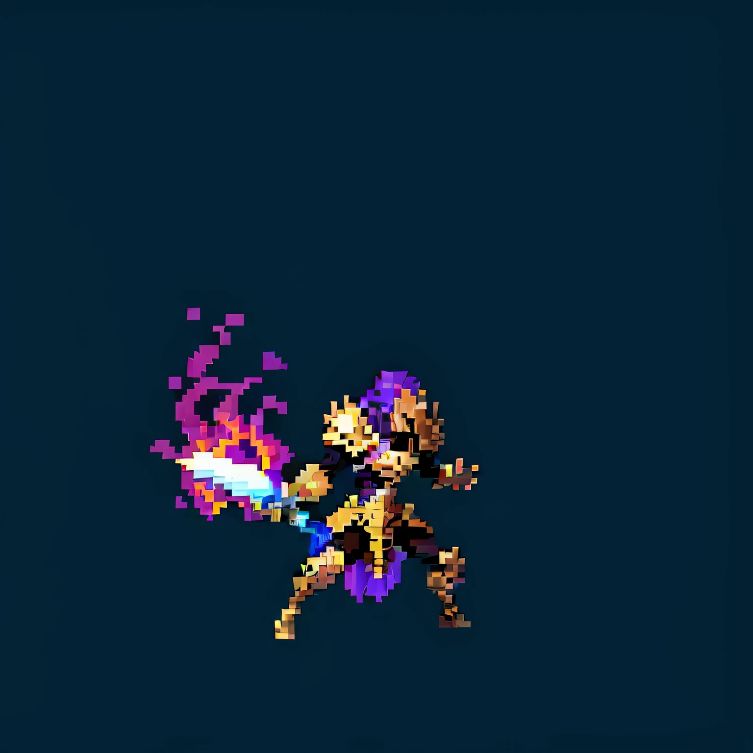 personagem com cabelo preto, purple armor holding a large spear with black effects, no estilo pixel art png , utilizando uma lana grande com efeitos negros para atacar