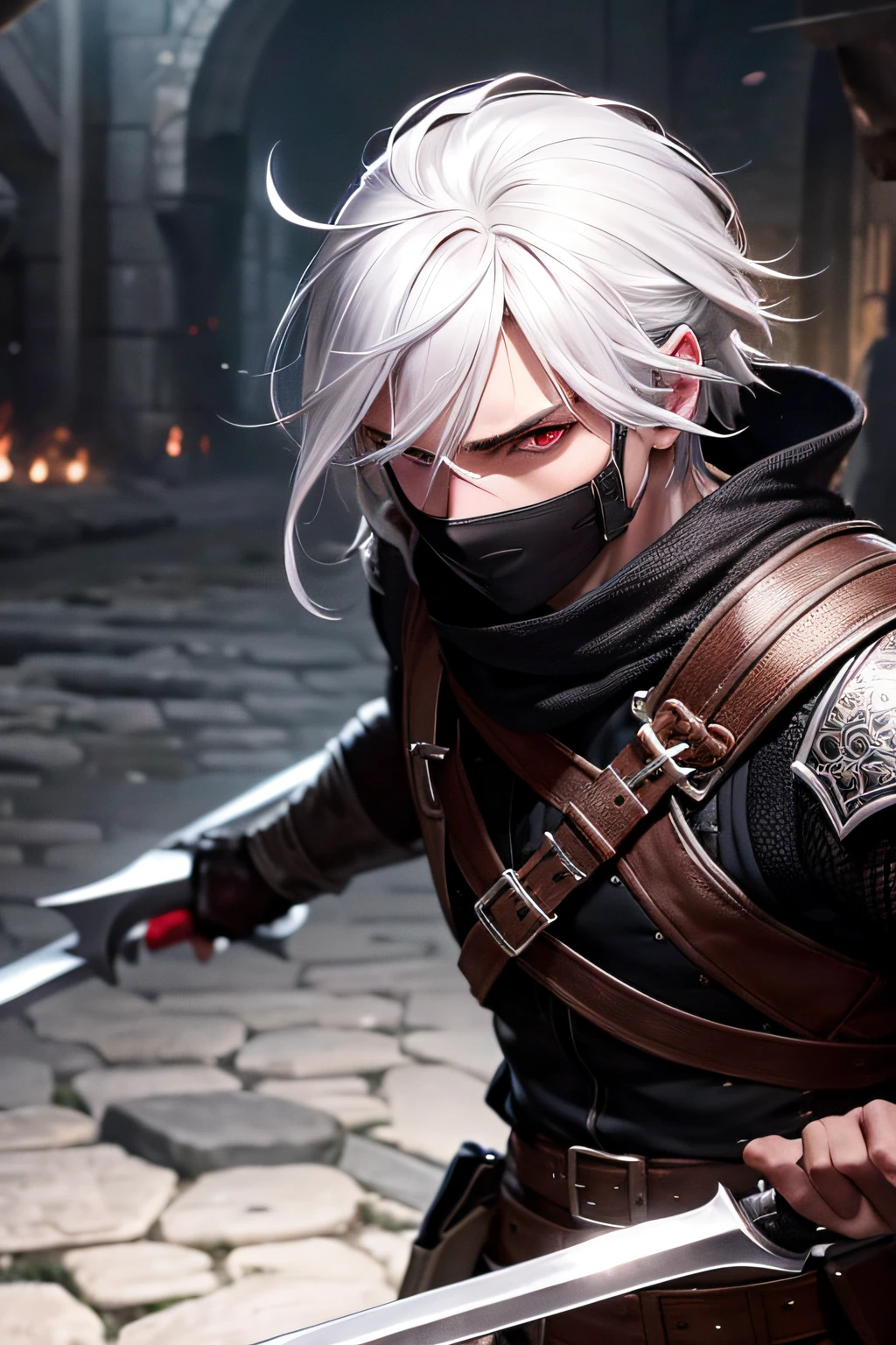 (extremely detailed 8k wallpaper), a medium shot of a fearful rogue, male, male focus, white hair, red eyes, dark skin, black clothing, medieval, intricate, high detail