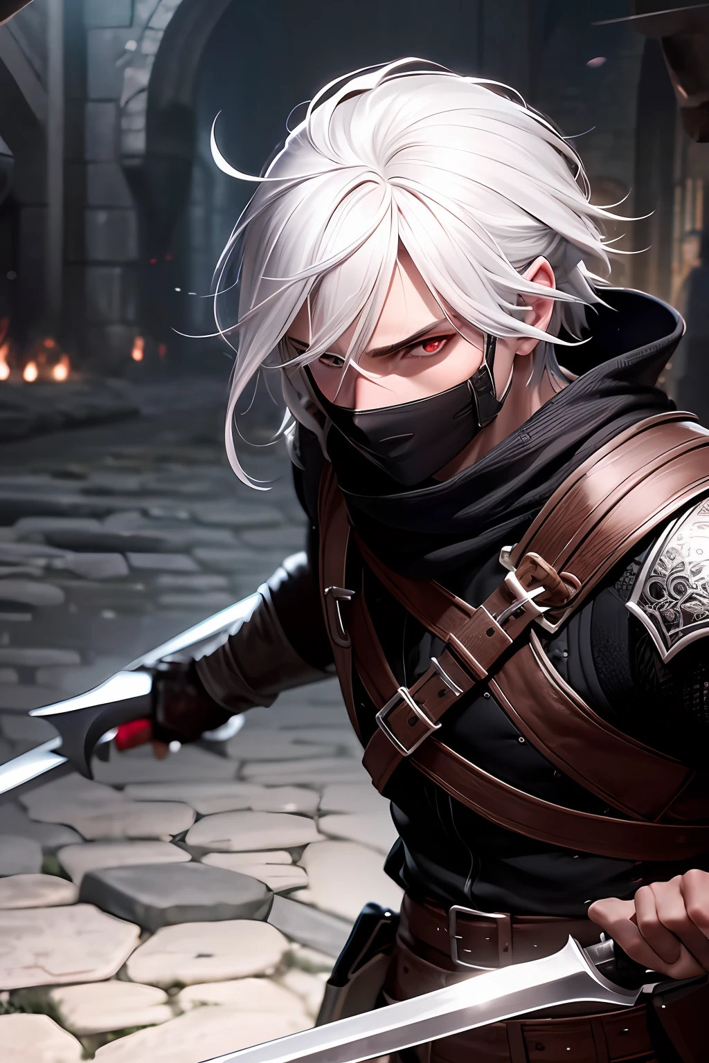 (extremely detailed 8k wallpaper), a medium shot of a fearful rogue, male, male focus, white hair, red eyes, dark skin, black clothing, medieval, intricate, high detail