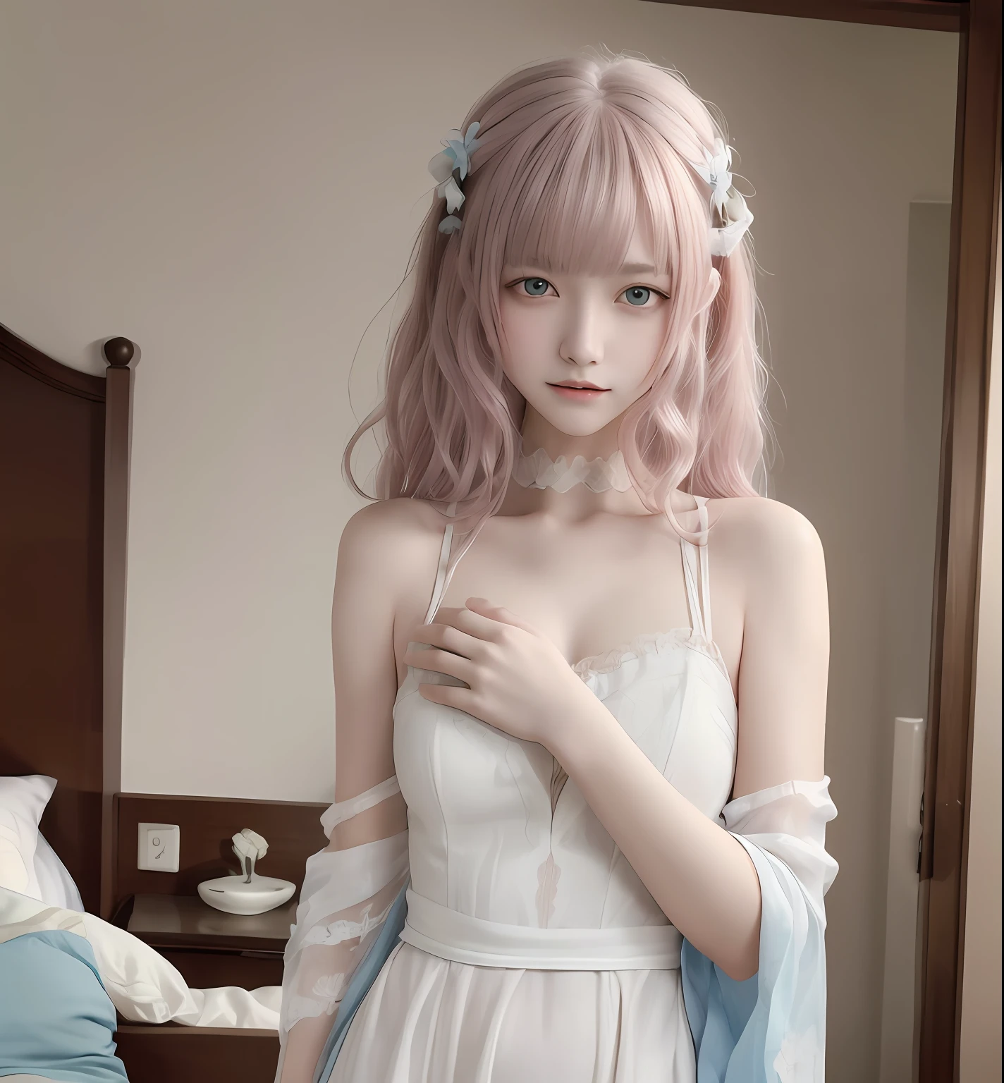 (masterpiece), best quality, expressive eyes, perfect face,1 girl, woke up from bed, wearing a white dress, pink hair, blue eyes, open mouth, detailed fingers, detailed clothes, still wake up in bed, beautiful face,2 hands detail,standing