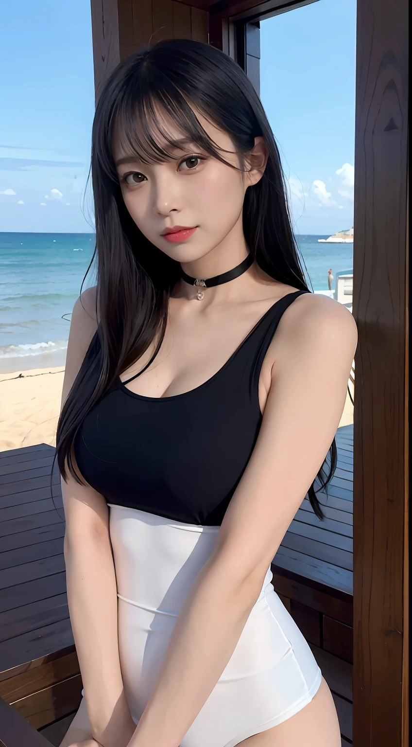 （（mid hair）））， high high quality， 8K， hdr， A high resolution， absurderes： 1.2， photography of， （RAW photogr： 1.2）， （realisticlying： 1.4）， （tmasterpiece： 1.3）， （complexdetails： 1.2）， 1 rapariga， 独奏， japanaese girl， Delicate and beautiful details， （Detailed eyes）， （detailedfacialfeatures）， Petite， （Large breasts）））， Toned skin，Cocked buttocks， （ Looking_at_peeping at the viewer）， From_Front，  （best qualtiy： 1.4）， （hyper HD： 1.2）， cinematic ligh， （Extreme detail illustration）， （Gloss on lips，best qualtiy，超A high resolution，depth of fields，Caustics，Wide light illumination，naturalshadow，85mm，f / 1.4，iso 200，1/160 sec：0.75），1个Giant Breast Girl，独奏，（（Swimwear personality design）））ssmile，swim wears，choker necklace，beachside：1.3，the sea，sandbeach，Beautiful one-piece swimsuit，乃木坂アイドル，hposing Gravure Idol，pubic hair beauty