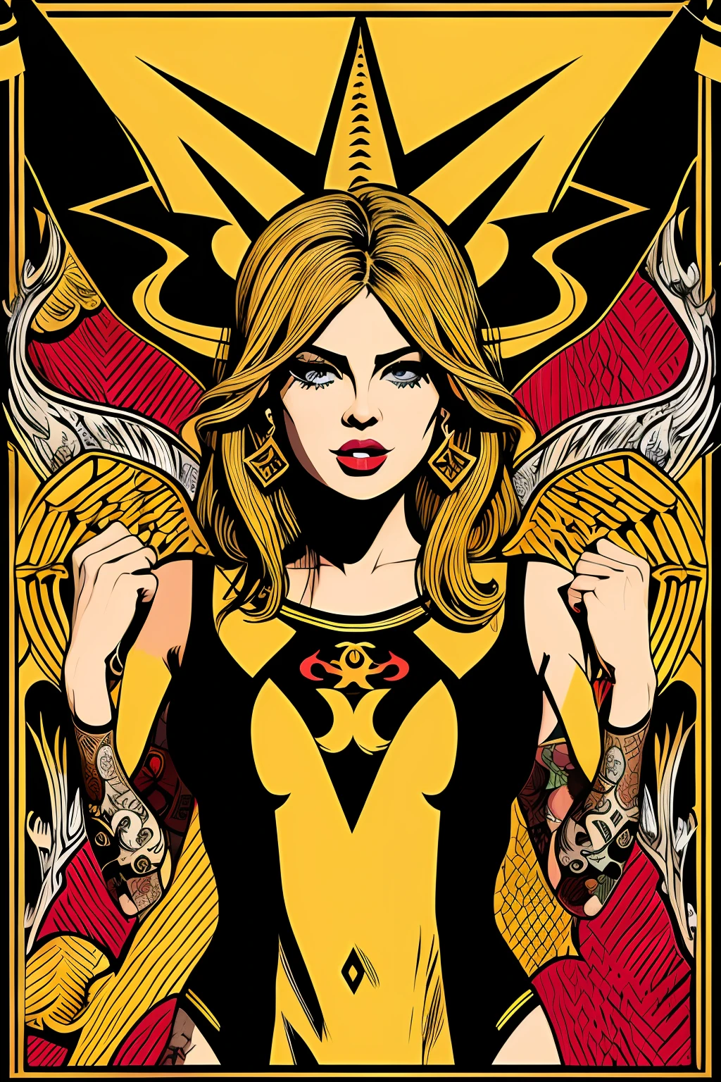 Flyer, woman in swimsuit, Mexican decoration, Satan,
vector flat, gold, black,
Aaron Horkey,
masterpiece, ultra high res, high quality,