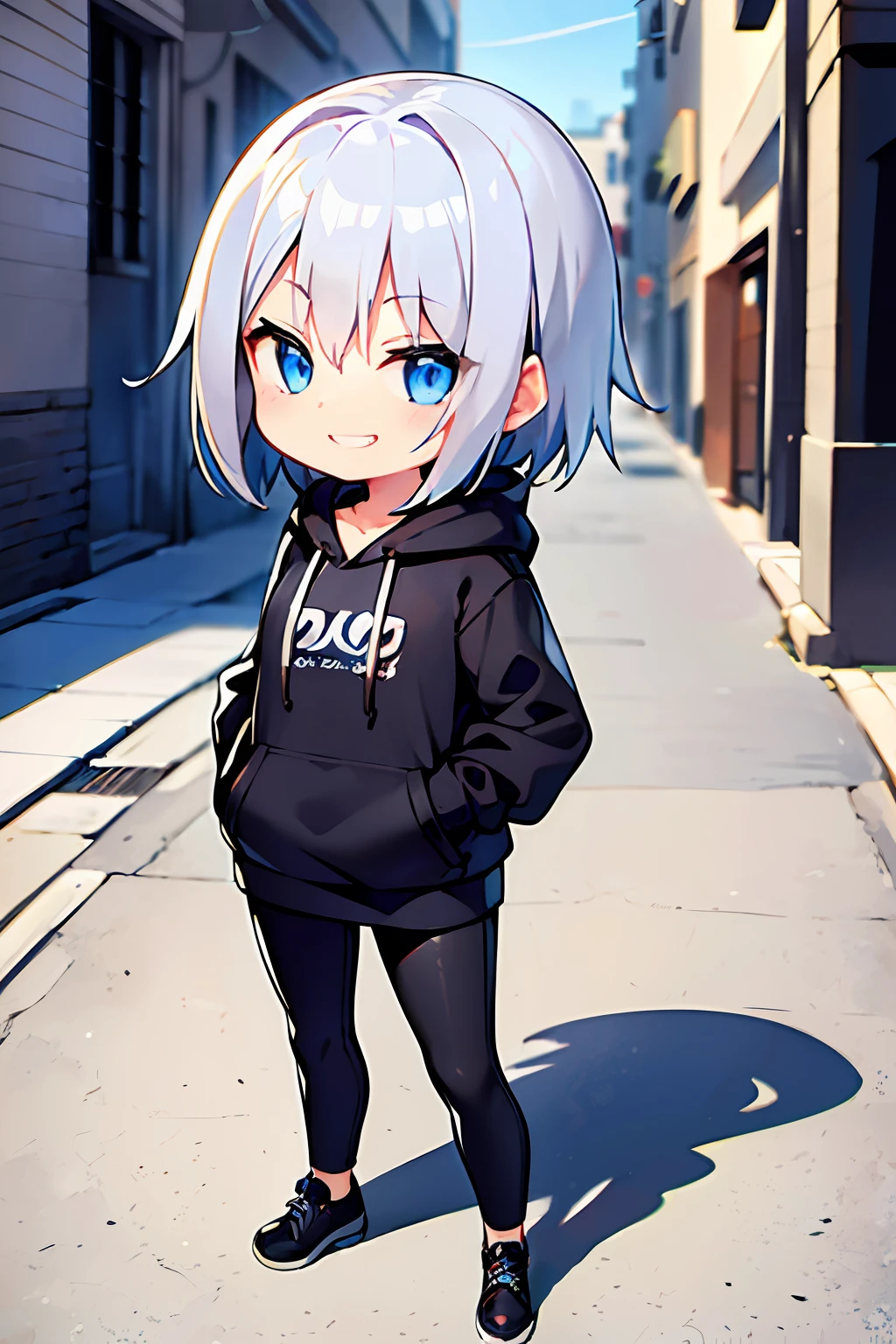 1 girl in、Silver-haired shorthair、Blue eyes、Black hoodie、hands in the pocket、Grinning smile、Transcendent Beautiful Girl、Black pants、Back alley background、Chibi、Chibi Chara、(High resolution of the highest quality)、((masterpiece best quality:1.2)), [[Bad face]], [[Fused fingers]], [[multiple limbs]]